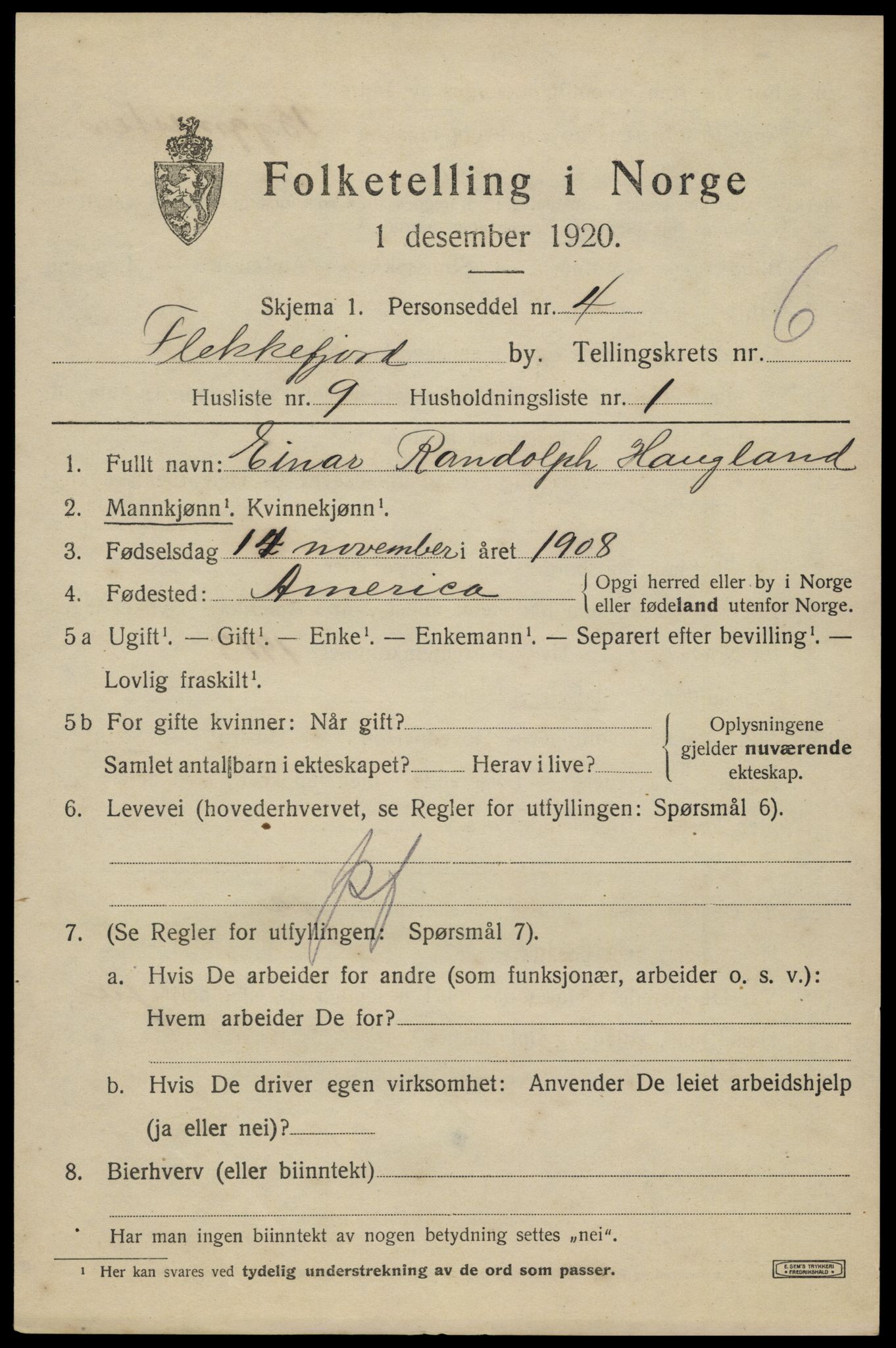 SAK, Folketelling 1920 for 1004 Flekkefjord kjøpstad, 1920, s. 5842