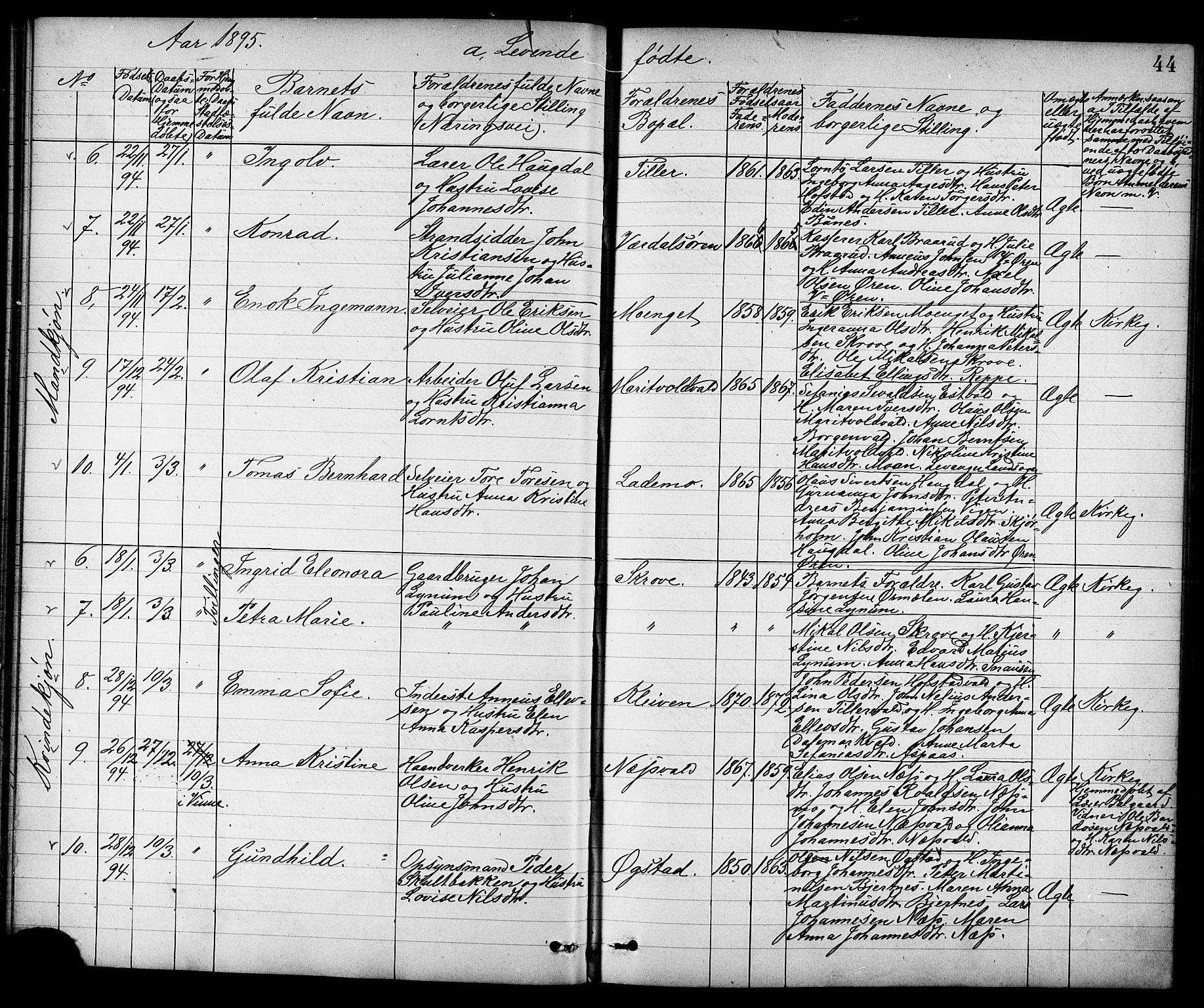 Ministerialprotokoller, klokkerbøker og fødselsregistre - Nord-Trøndelag, SAT/A-1458/723/L0257: Klokkerbok nr. 723C05, 1890-1907, s. 44