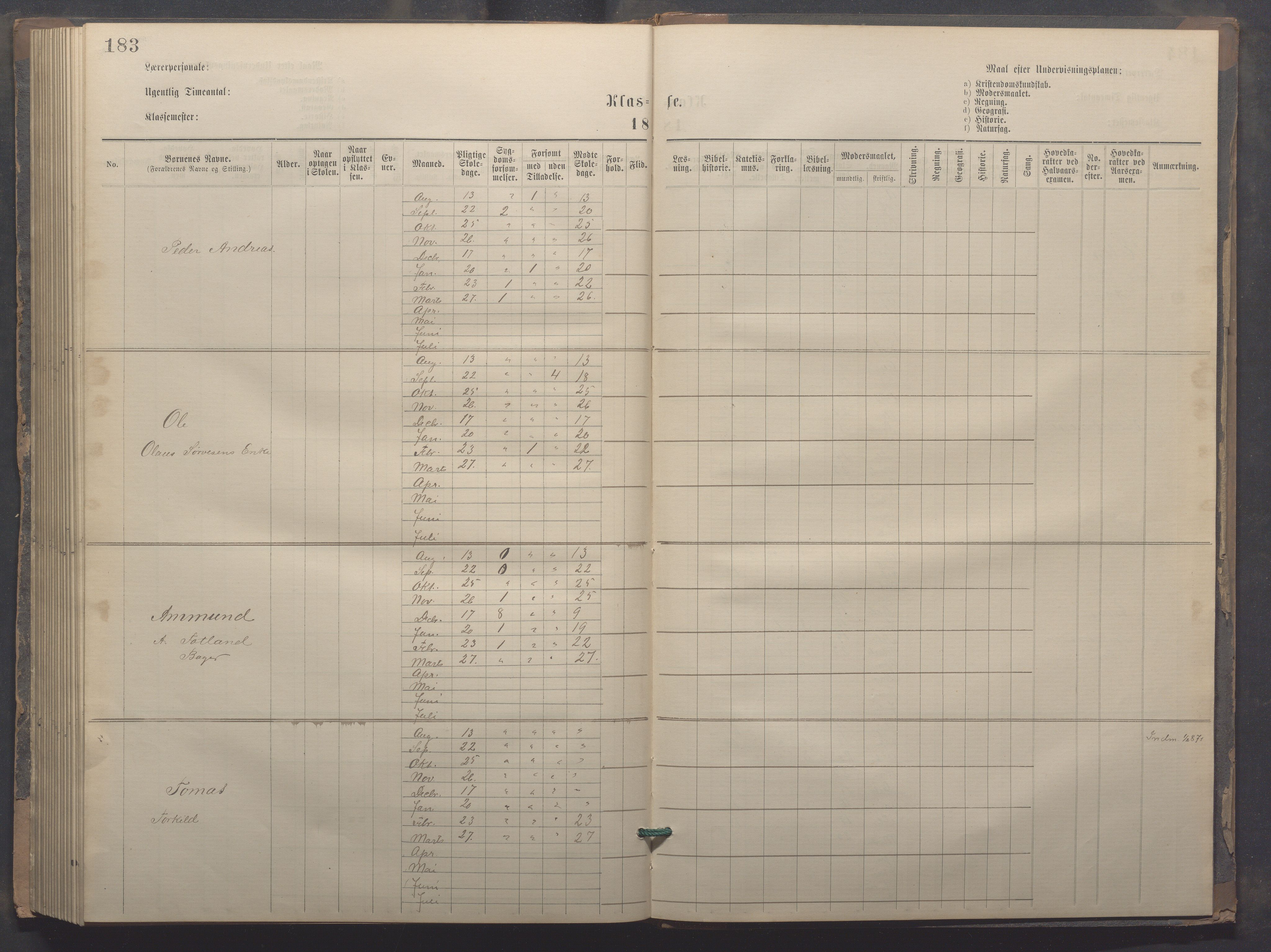 Egersund kommune (Ladested) - Egersund almueskole/folkeskole, IKAR/K-100521/H/L0020: Skoleprotokoll - Almueskolen, 3./4. klasse, 1878-1887, s. 183