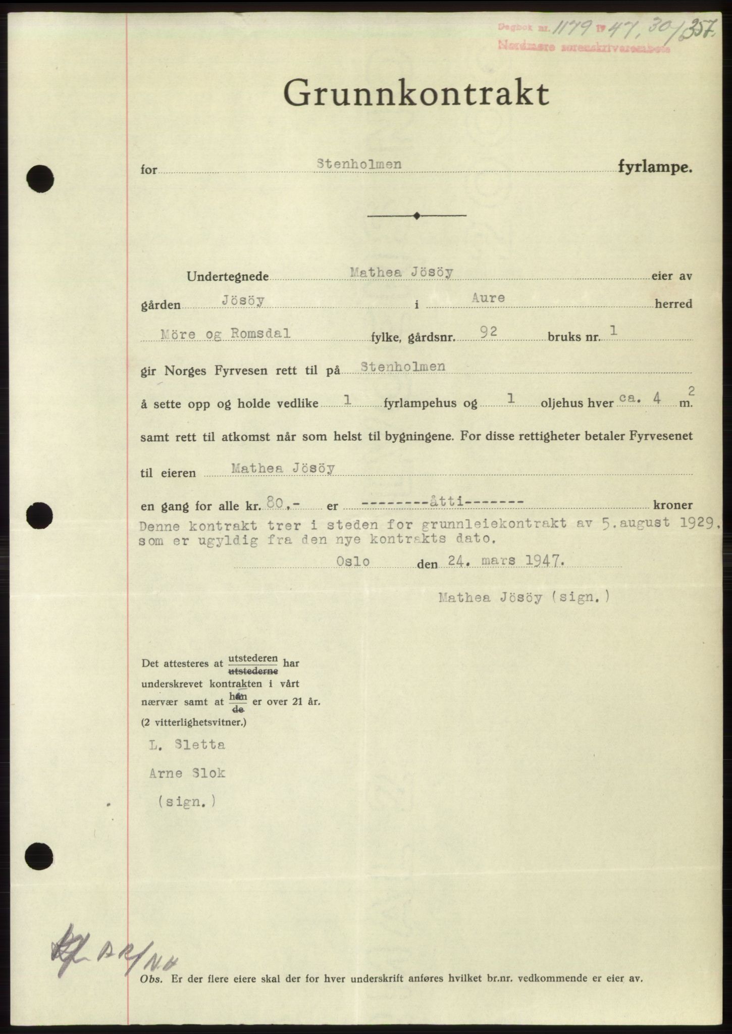 Nordmøre sorenskriveri, SAT/A-4132/1/2/2Ca: Pantebok nr. B96, 1947-1947, Dagboknr: 1179/1947