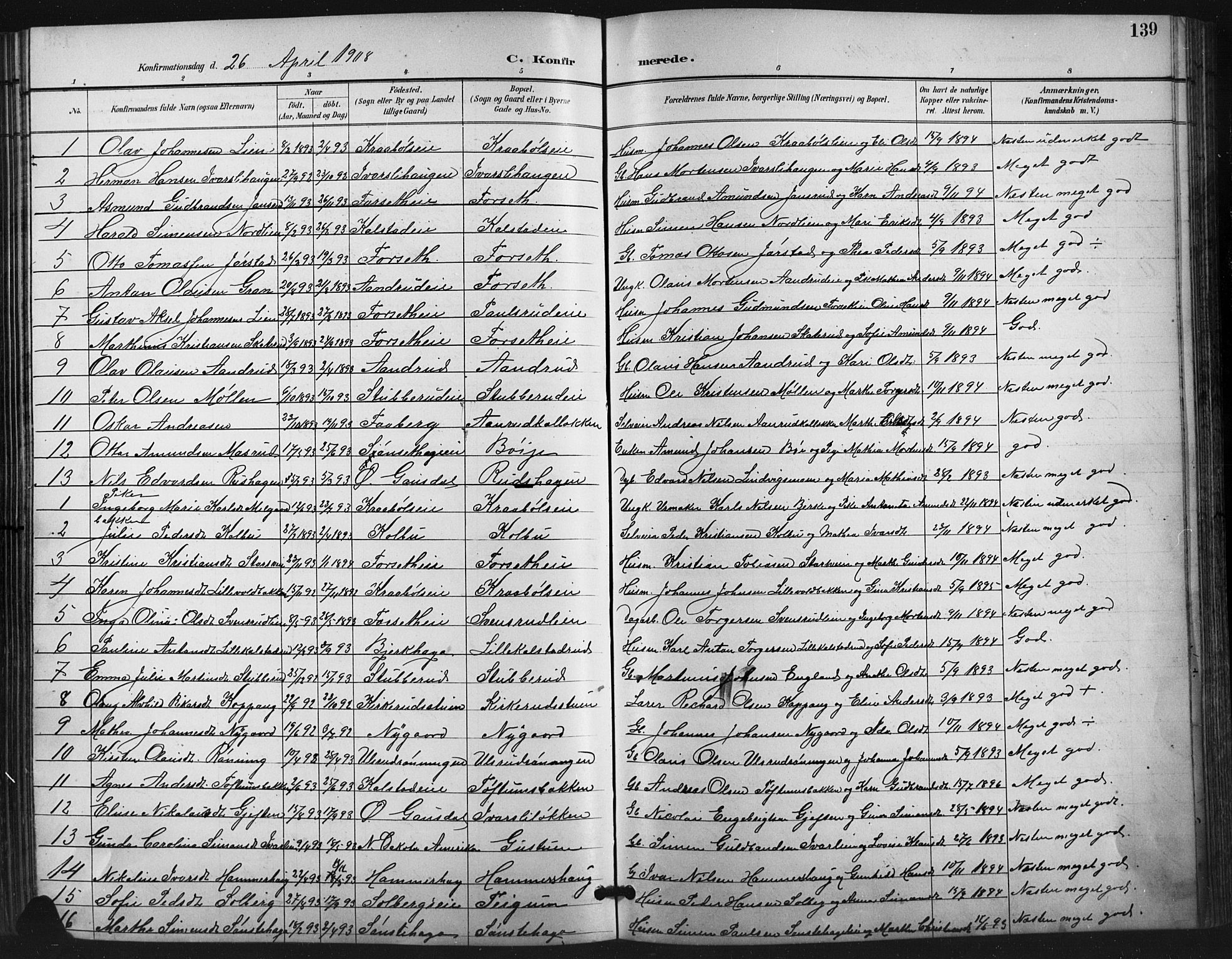 Vestre Gausdal prestekontor, AV/SAH-PREST-094/H/Ha/Hab/L0003: Klokkerbok nr. 3, 1896-1925, s. 139