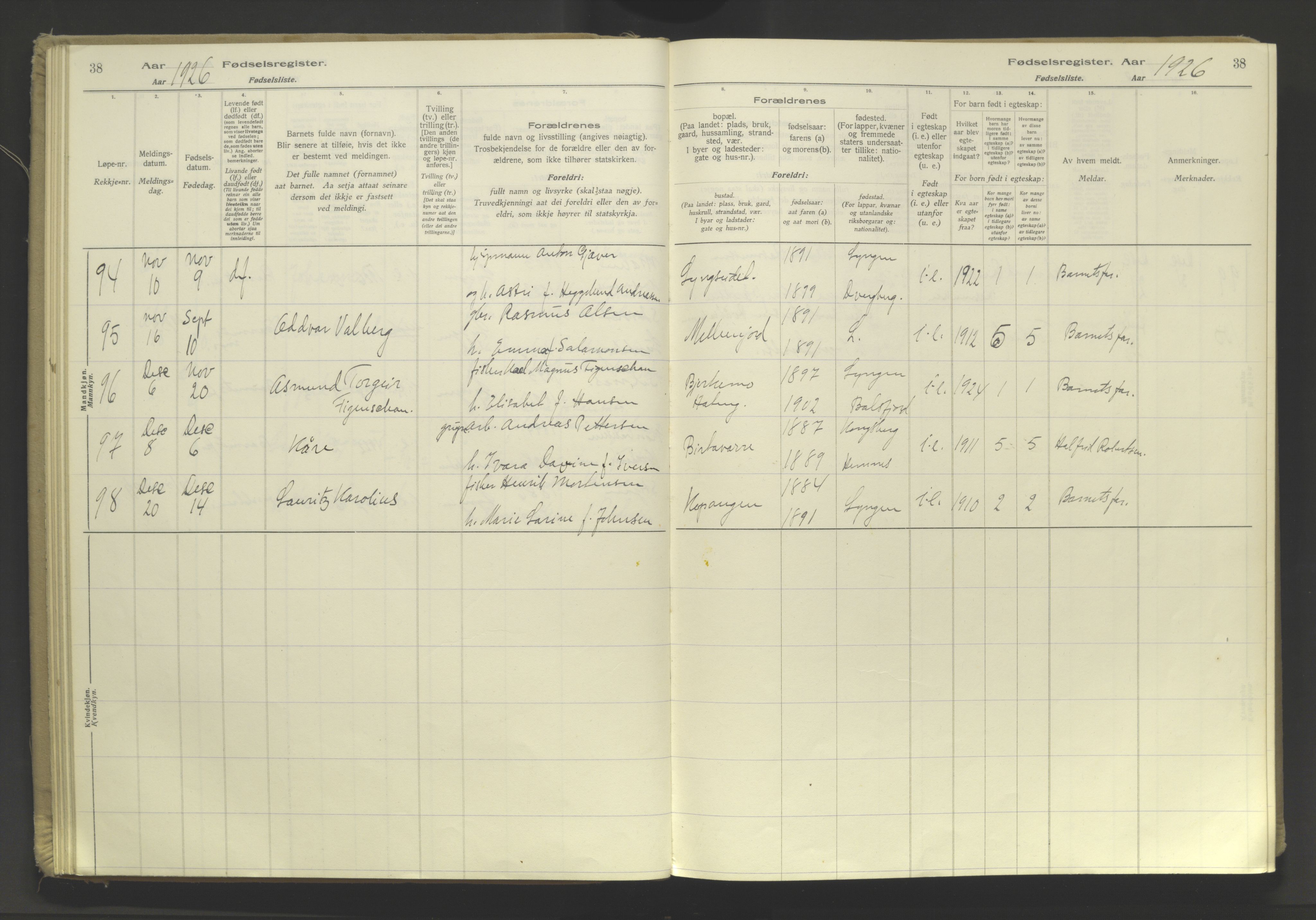 Lyngen sokneprestembete, AV/SATØ-S-1289/I/Ia/L0076: Fødselsregister nr. 76, 1924-1945, s. 38