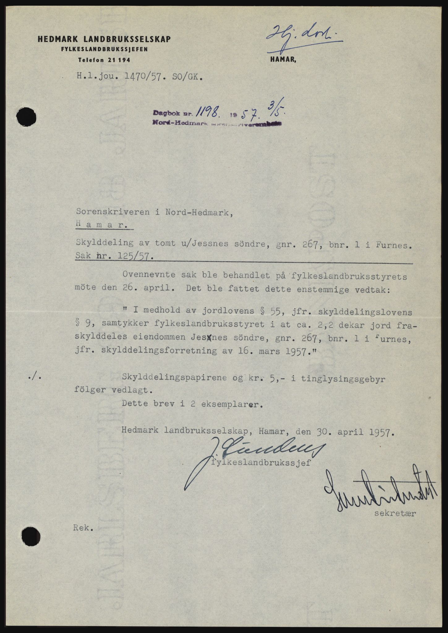 Nord-Hedmark sorenskriveri, SAH/TING-012/H/Hc/L0011: Pantebok nr. 11, 1956-1957, Dagboknr: 1198/1957