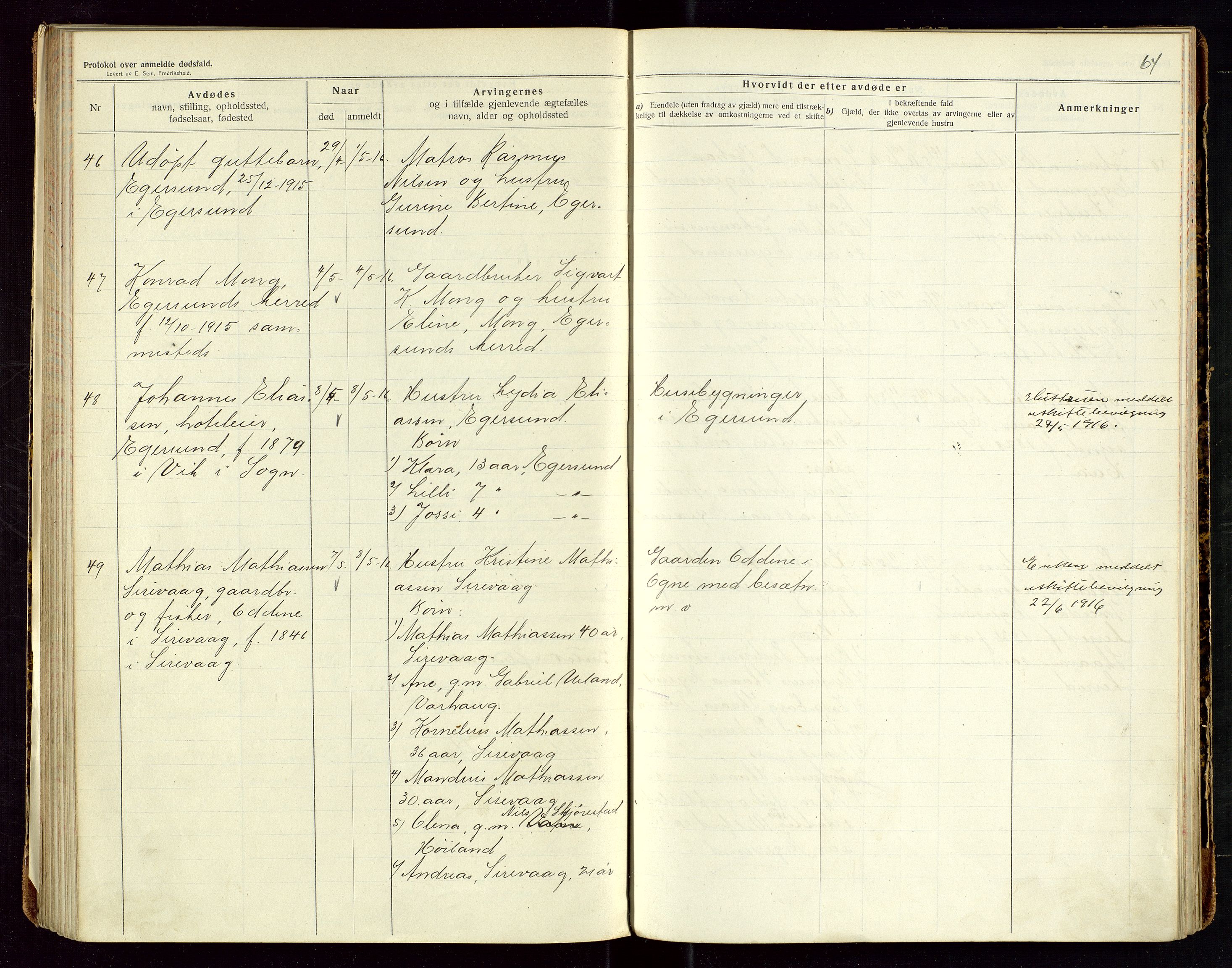 Eigersund lensmannskontor, SAST/A-100171/Gga/L0006: "Protokol over anmeldte dødsfald" m/alfabetisk navneregister, 1914-1917, s. 64