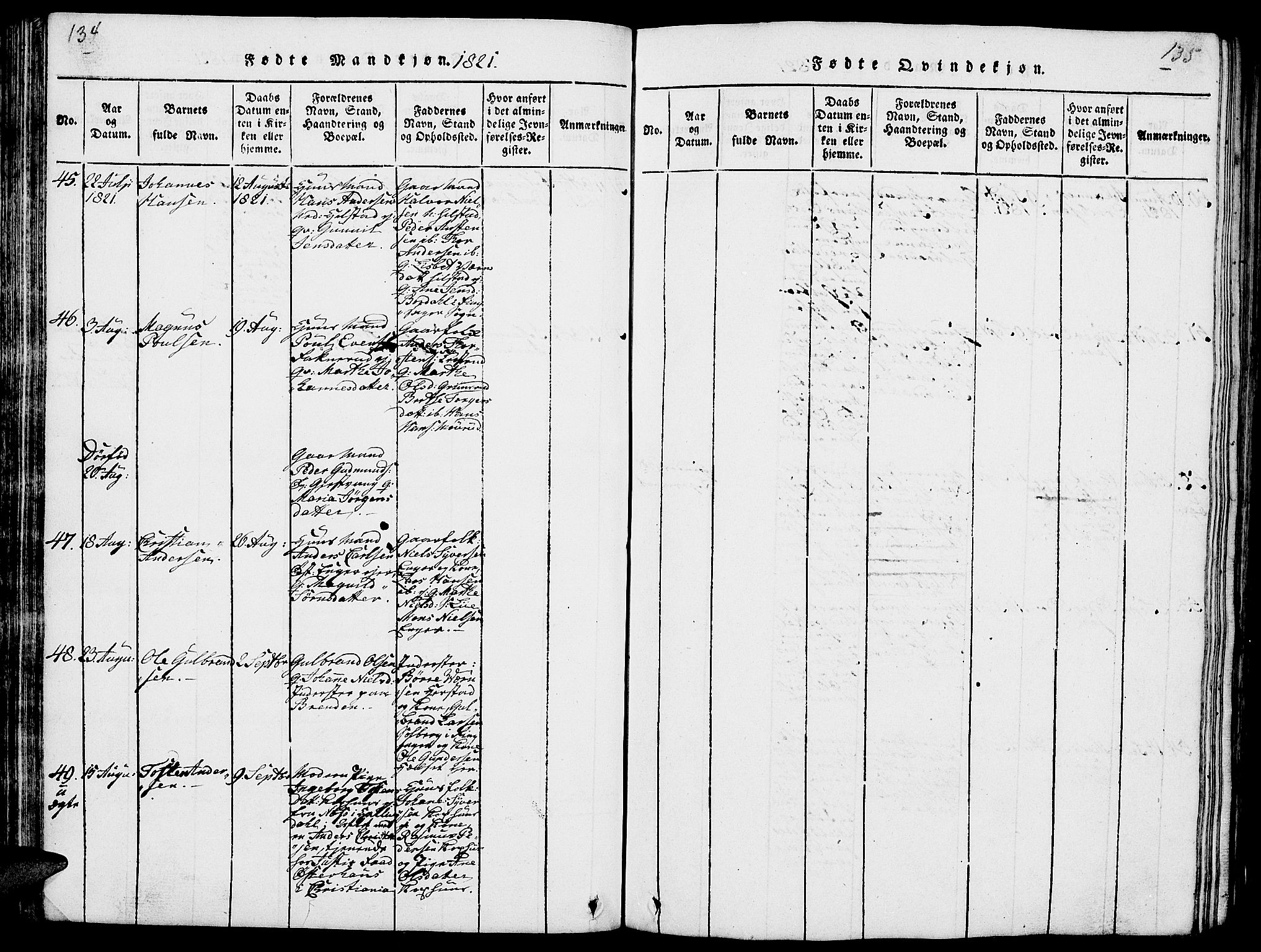 Nes prestekontor, Hedmark, AV/SAH-PREST-020/L/La/L0003: Klokkerbok nr. 3, 1814-1831, s. 134-135