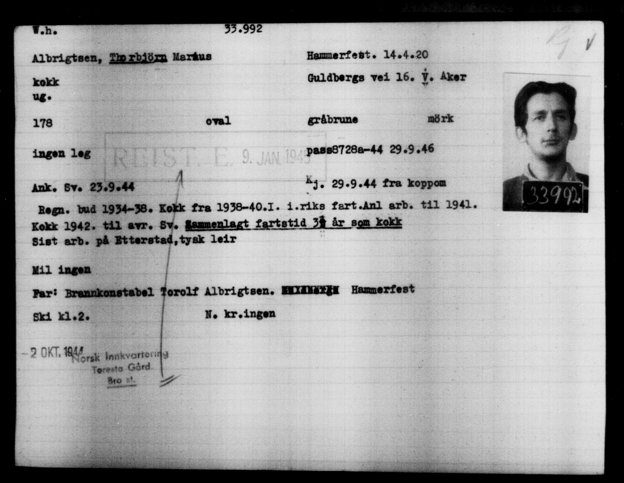 Utenriksstasjonene, Legasjonen i Stockholm, Flyktningkontoret, AV/RA-S-6753/V/Va/L0013: Kjesäterkartoteket, flyktninger med registreringsnr. 31500-34731, 1940-1945, s. 2632