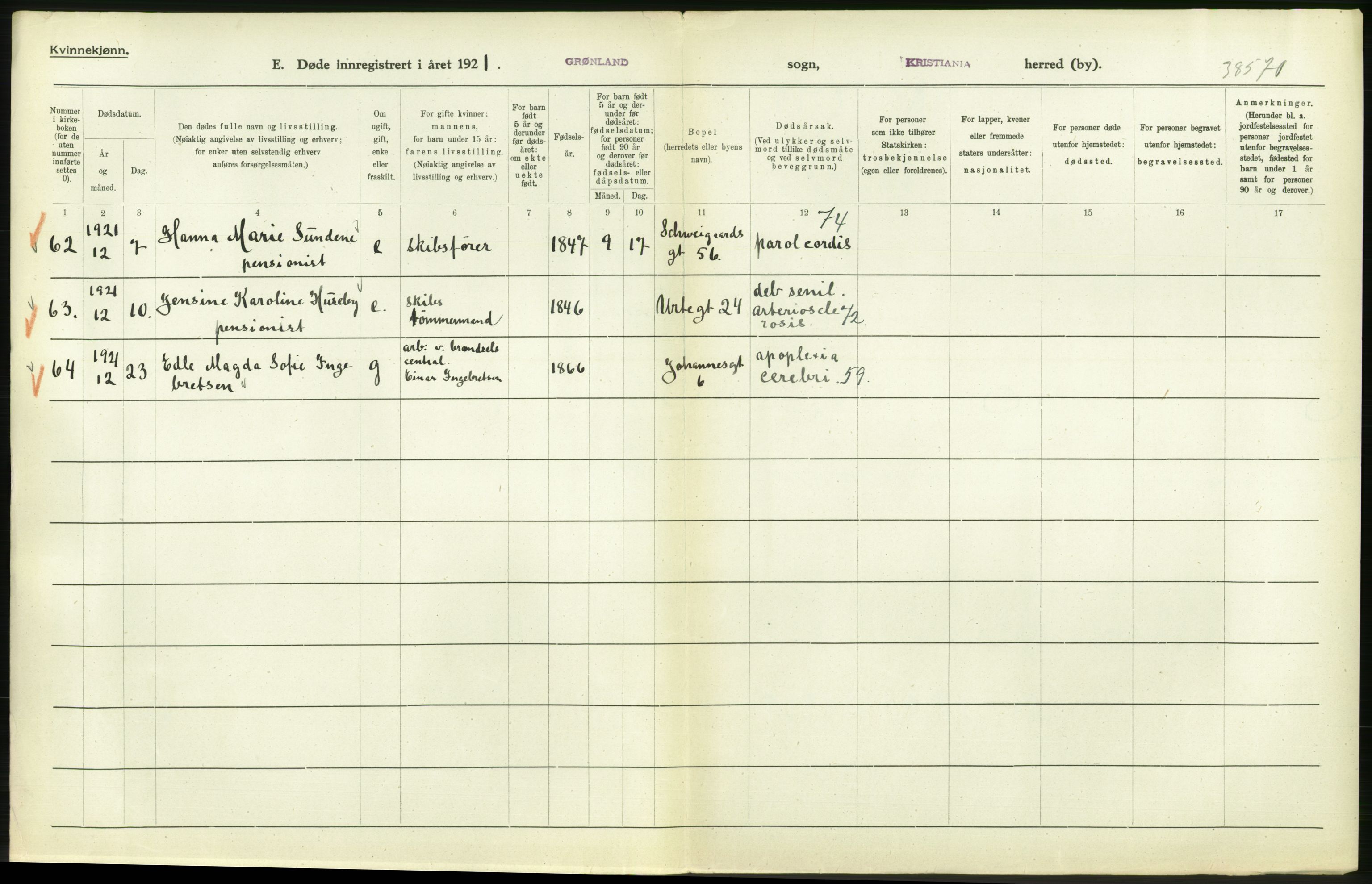 Statistisk sentralbyrå, Sosiodemografiske emner, Befolkning, RA/S-2228/D/Df/Dfc/Dfca/L0013: Kristiania: Døde, dødfødte, 1921, s. 508