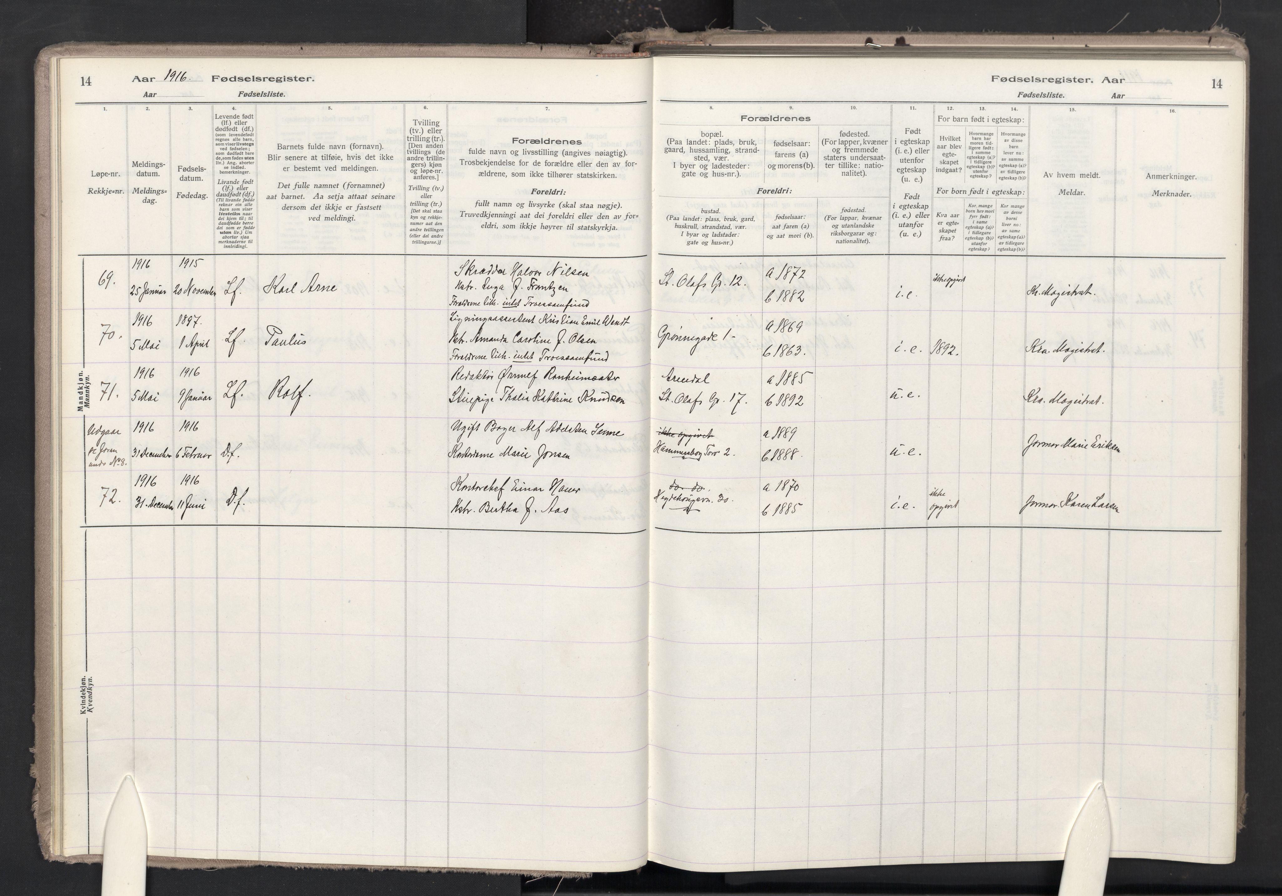 Trefoldighet prestekontor Kirkebøker, AV/SAO-A-10882/J/Ja/L0001: Fødselsregister nr. 1, 1916-1931, s. 14