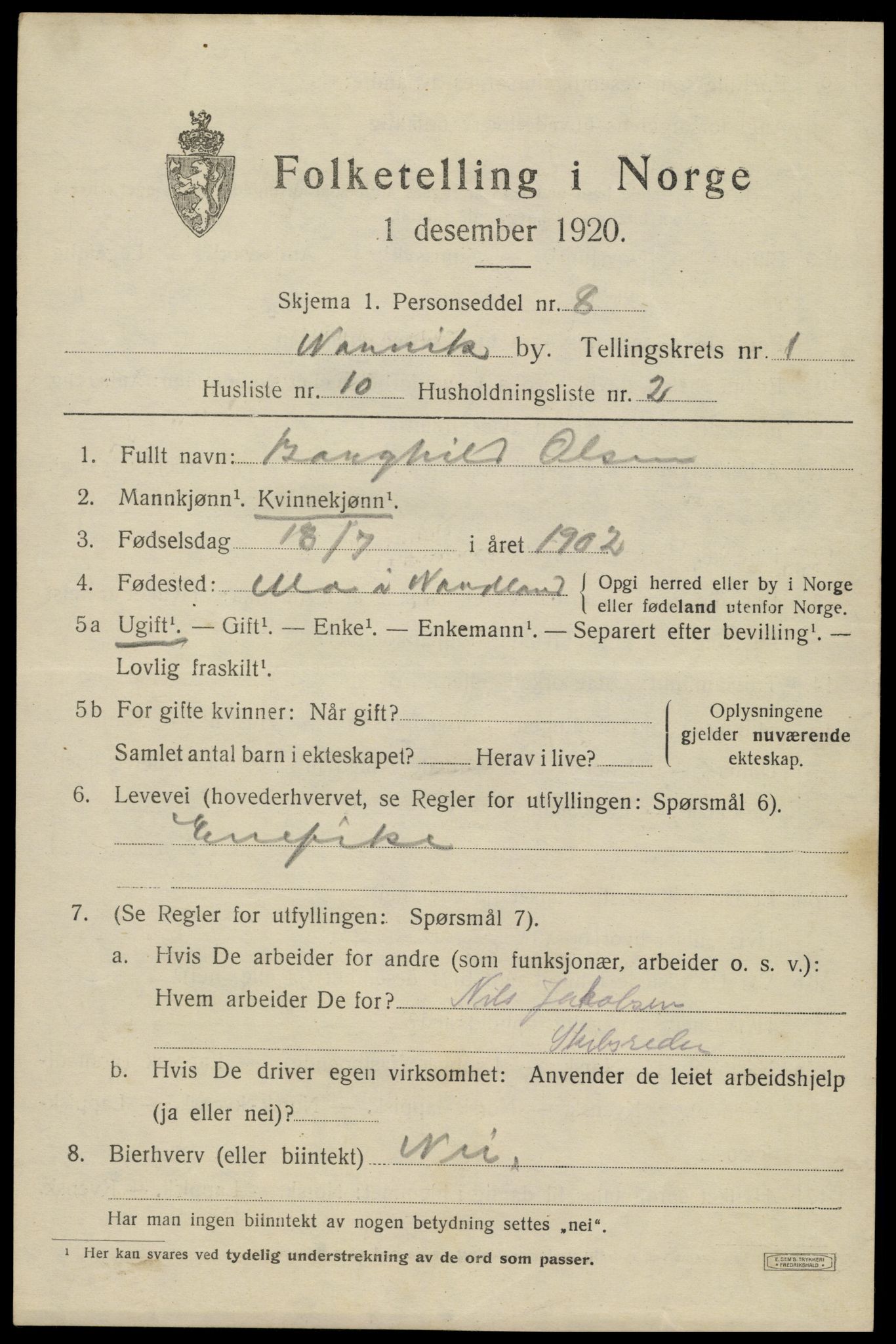 SAT, Folketelling 1920 for 1805 Narvik kjøpstad, 1920, s. 4166