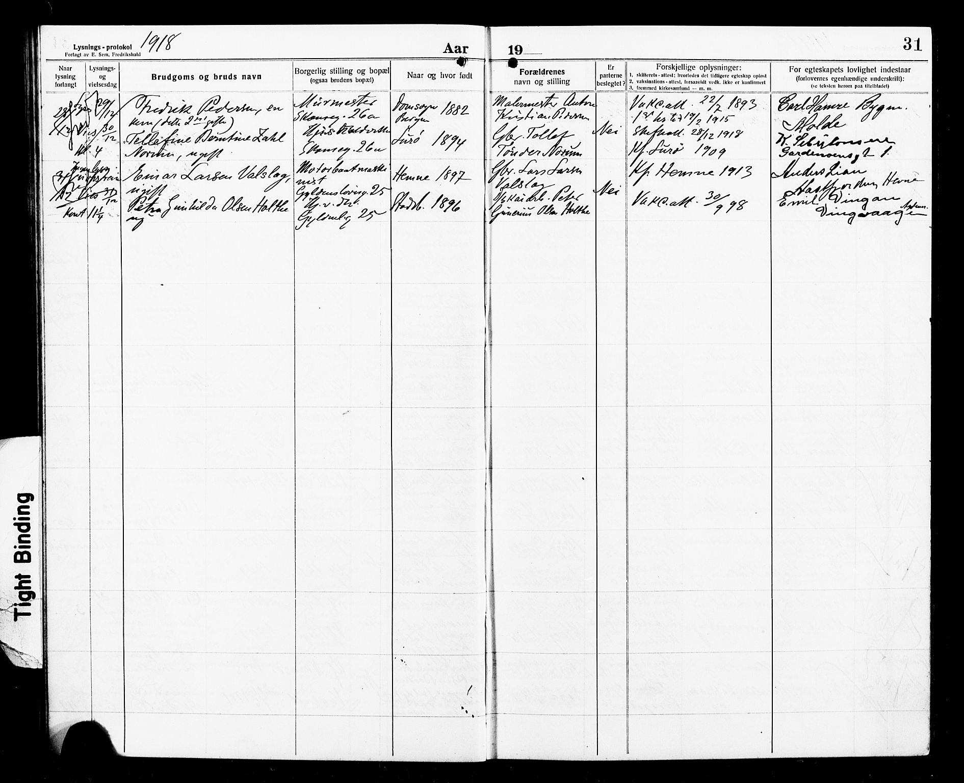 Ministerialprotokoller, klokkerbøker og fødselsregistre - Sør-Trøndelag, SAT/A-1456/604/L0195: Lysningsprotokoll nr. 604A16, 1916-1921, s. 31