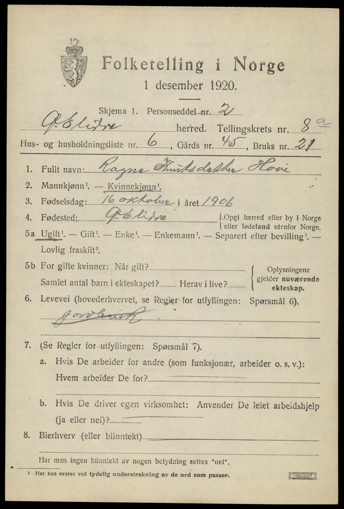 SAH, Folketelling 1920 for 0544 Øystre Slidre herred, 1920, s. 4845