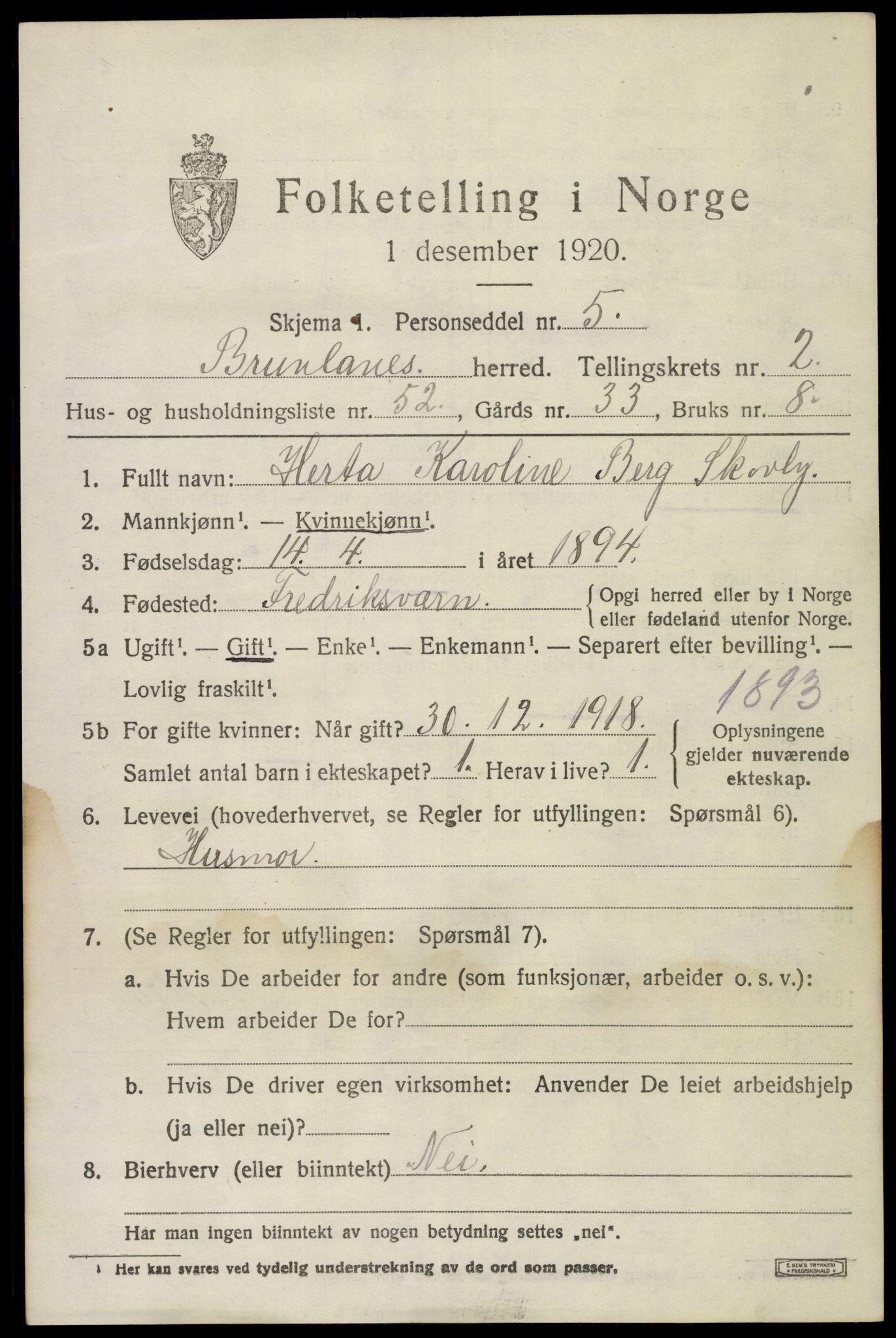 SAKO, Folketelling 1920 for 0726 Brunlanes herred, 1920, s. 3863