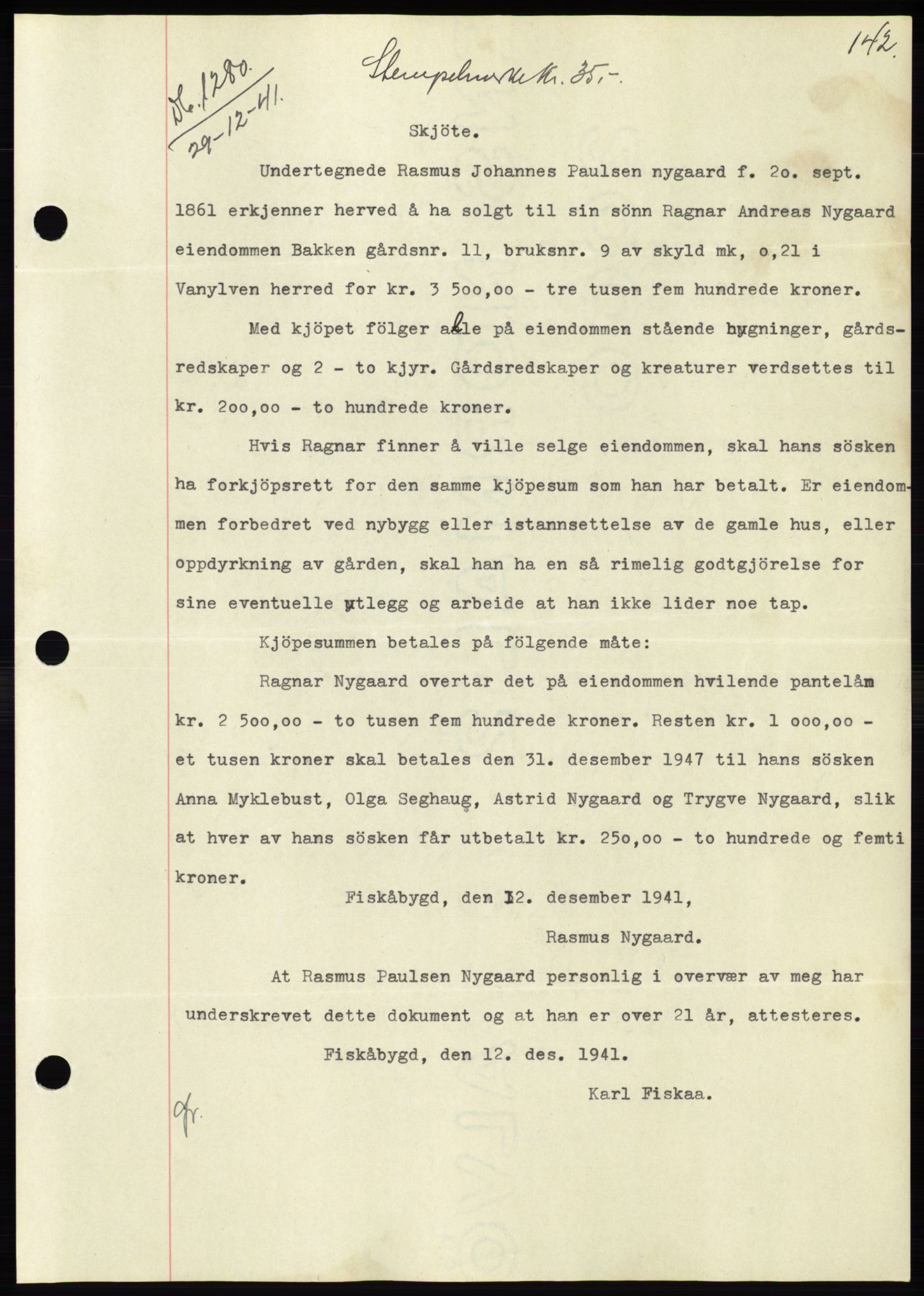 Søre Sunnmøre sorenskriveri, SAT/A-4122/1/2/2C/L0073: Pantebok nr. 67, 1941-1942, Dagboknr: 1280/1941