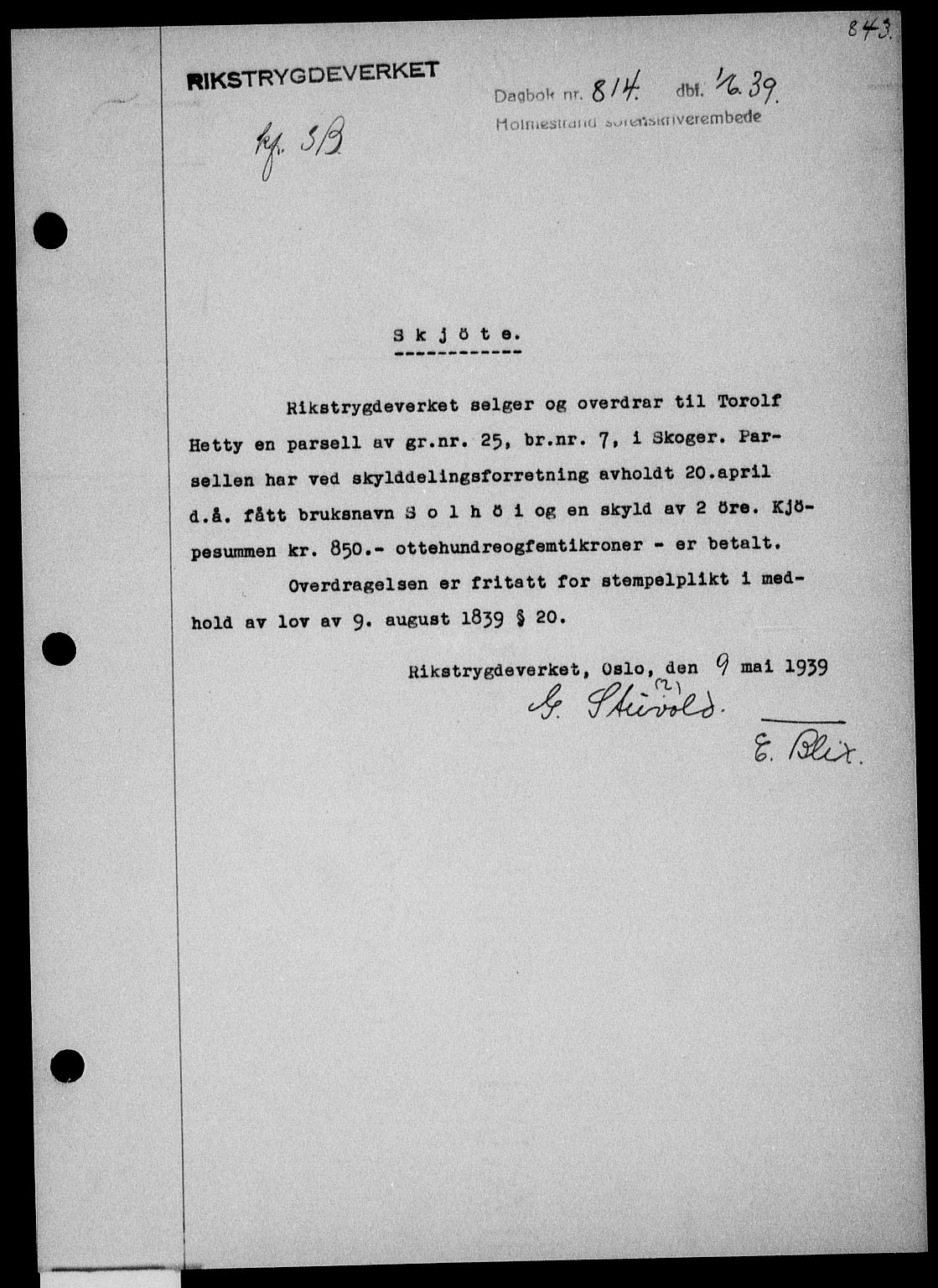 Holmestrand sorenskriveri, SAKO/A-67/G/Ga/Gaa/L0050: Pantebok nr. A-50, 1938-1939, Dagboknr: 814/1939