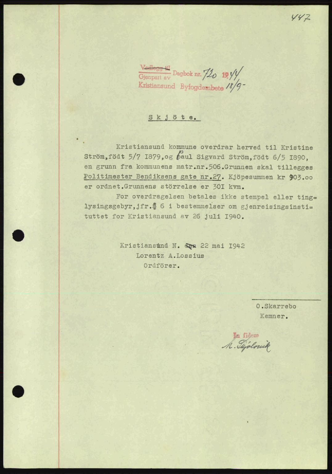 Kristiansund byfogd, AV/SAT-A-4587/A/27: Pantebok nr. 34, 1941-1945, Dagboknr: 720/1944