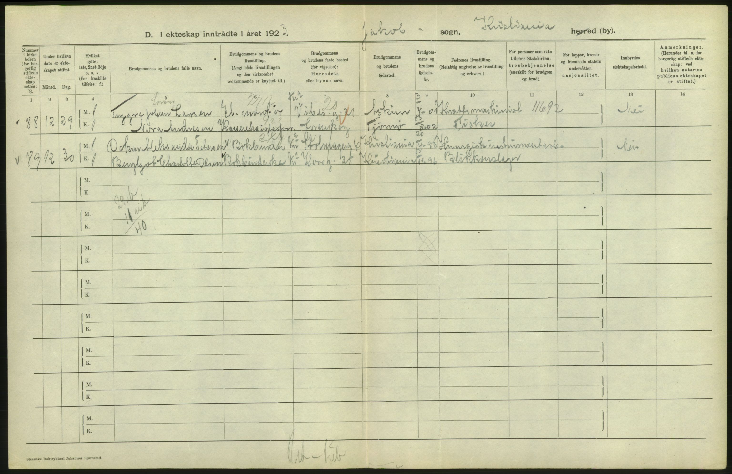 Statistisk sentralbyrå, Sosiodemografiske emner, Befolkning, RA/S-2228/D/Df/Dfc/Dfcc/L0008: Kristiania: Gifte, 1923, s. 64