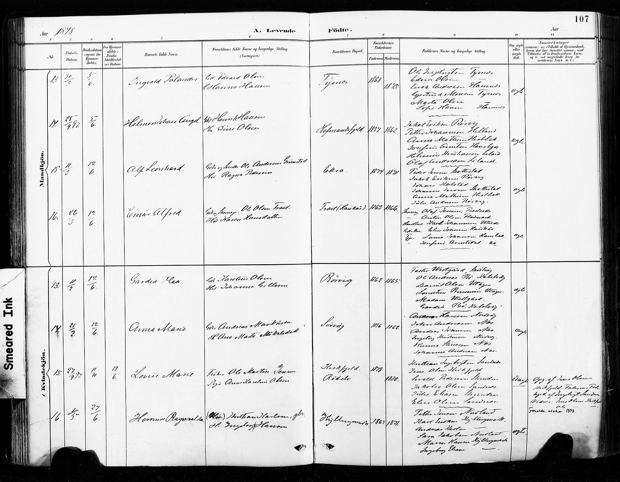 Ministerialprotokoller, klokkerbøker og fødselsregistre - Nordland, AV/SAT-A-1459/859/L0847: Ministerialbok nr. 859A07, 1890-1899, s. 107