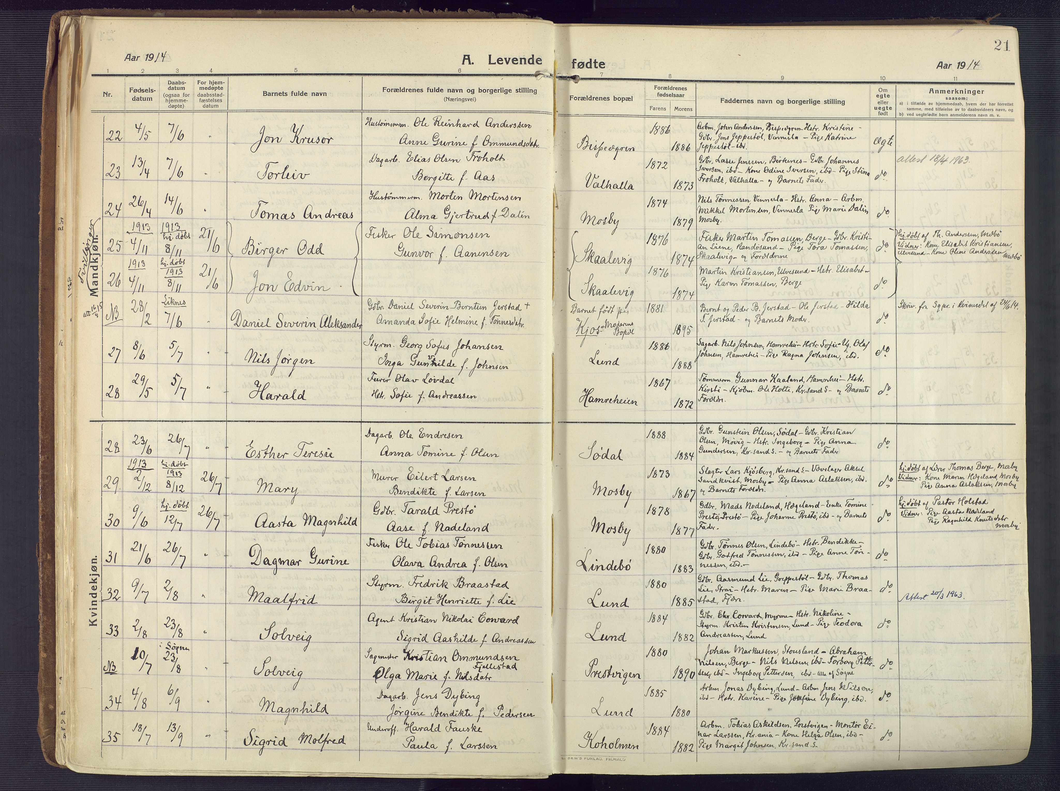 Oddernes sokneprestkontor, AV/SAK-1111-0033/F/Fa/Faa/L0012: Ministerialbok nr. A 12, 1912-1925, s. 21