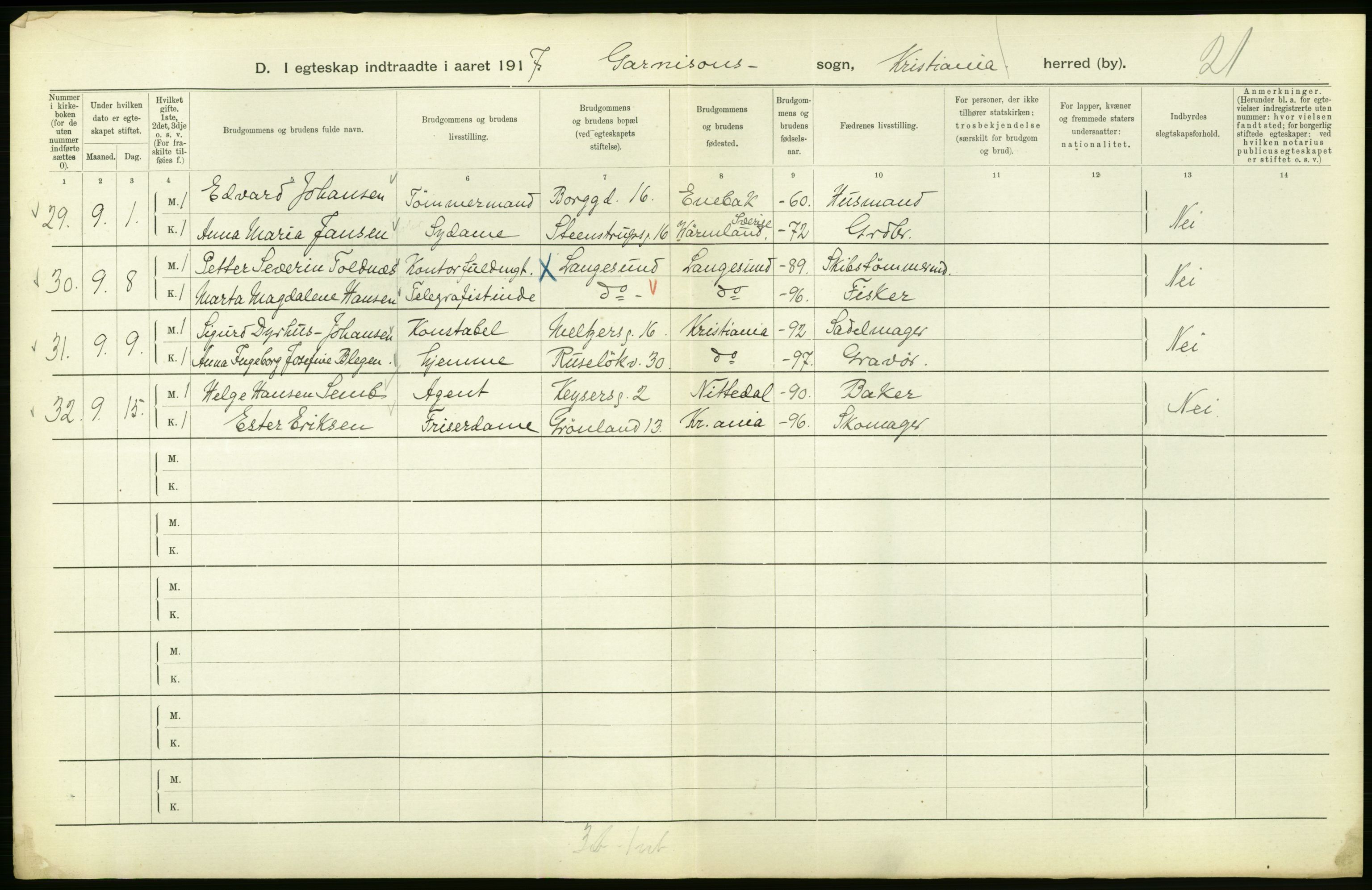 Statistisk sentralbyrå, Sosiodemografiske emner, Befolkning, AV/RA-S-2228/D/Df/Dfb/Dfbg/L0009: Kristiania: Gifte, 1917, s. 306