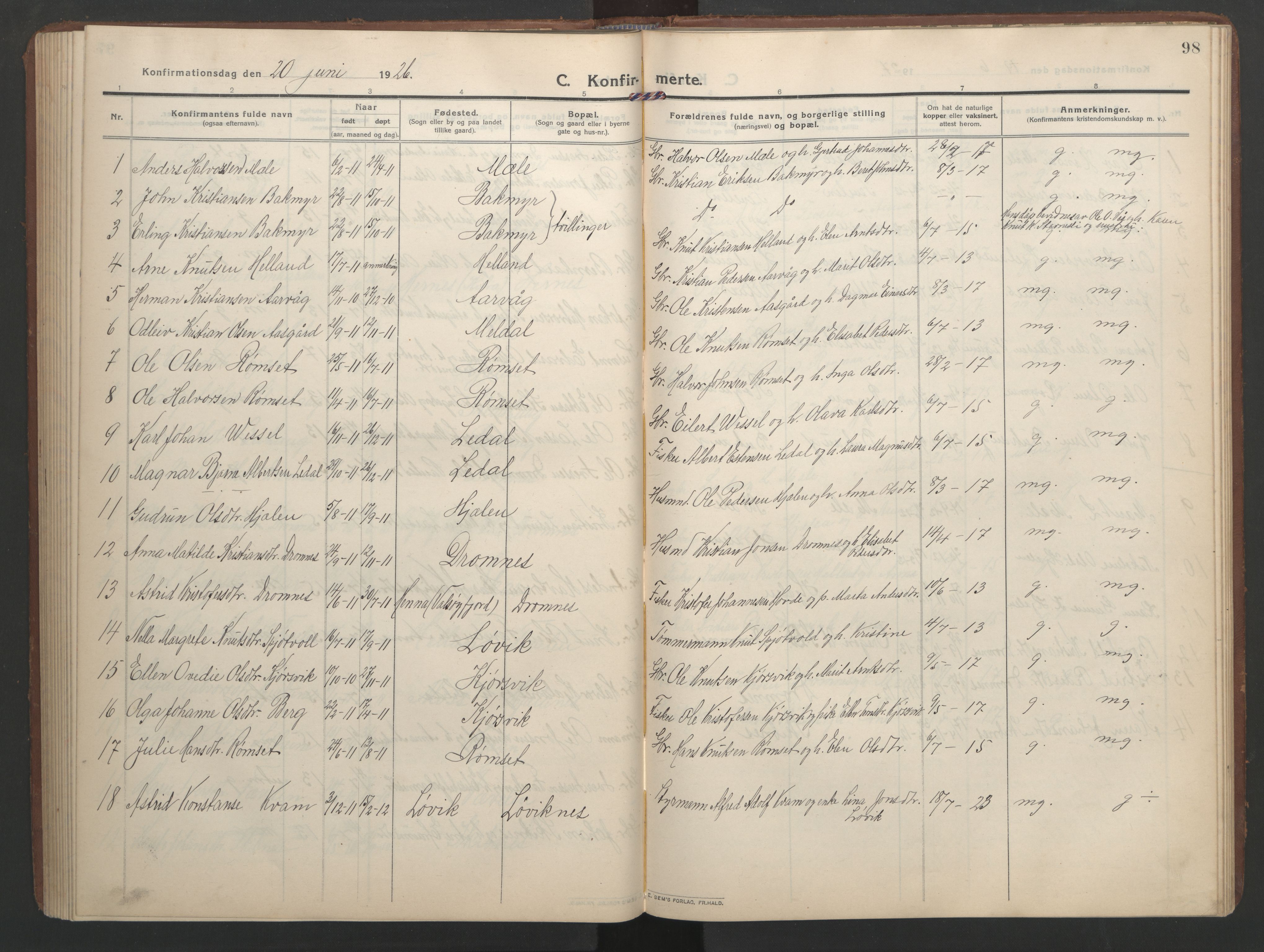 Ministerialprotokoller, klokkerbøker og fødselsregistre - Møre og Romsdal, AV/SAT-A-1454/579/L0919: Klokkerbok nr. 579C01, 1909-1957, s. 98