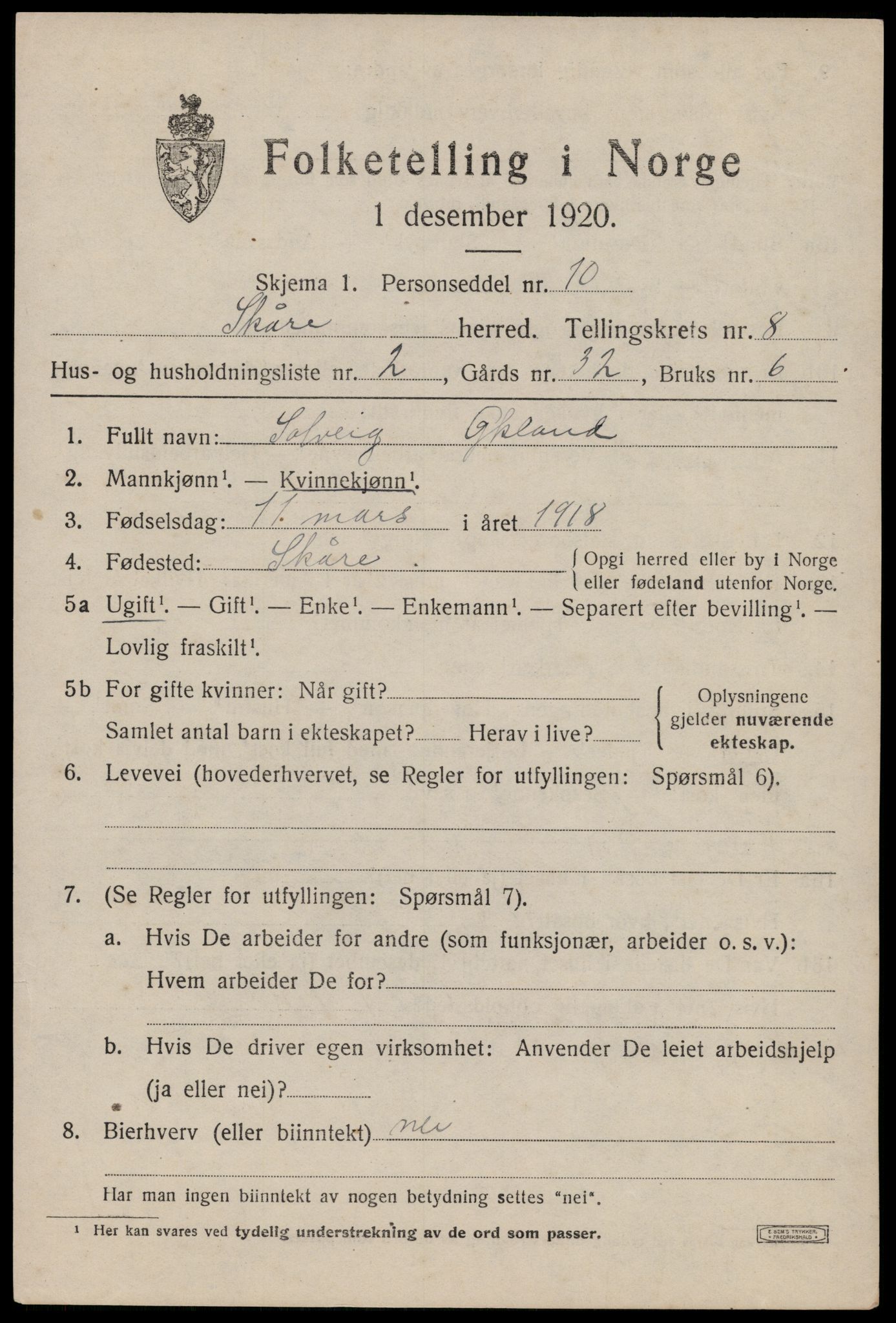 SAST, Folketelling 1920 for 1153 Skåre herred, 1920, s. 5754
