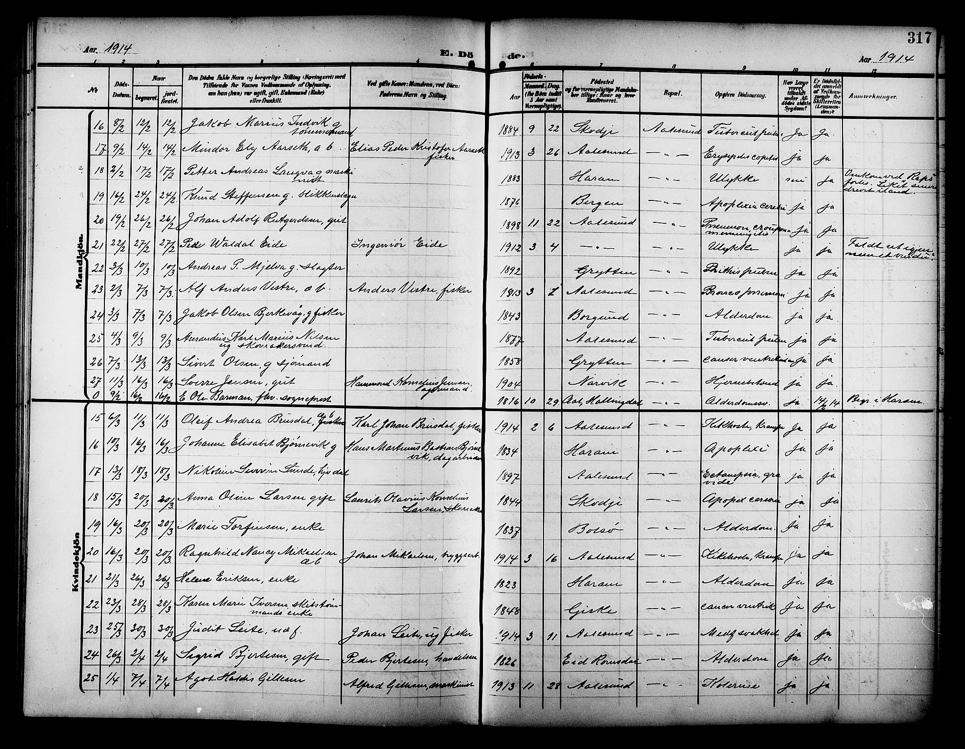 Ministerialprotokoller, klokkerbøker og fødselsregistre - Møre og Romsdal, AV/SAT-A-1454/529/L0470: Klokkerbok nr. 529C07, 1907-1917, s. 317