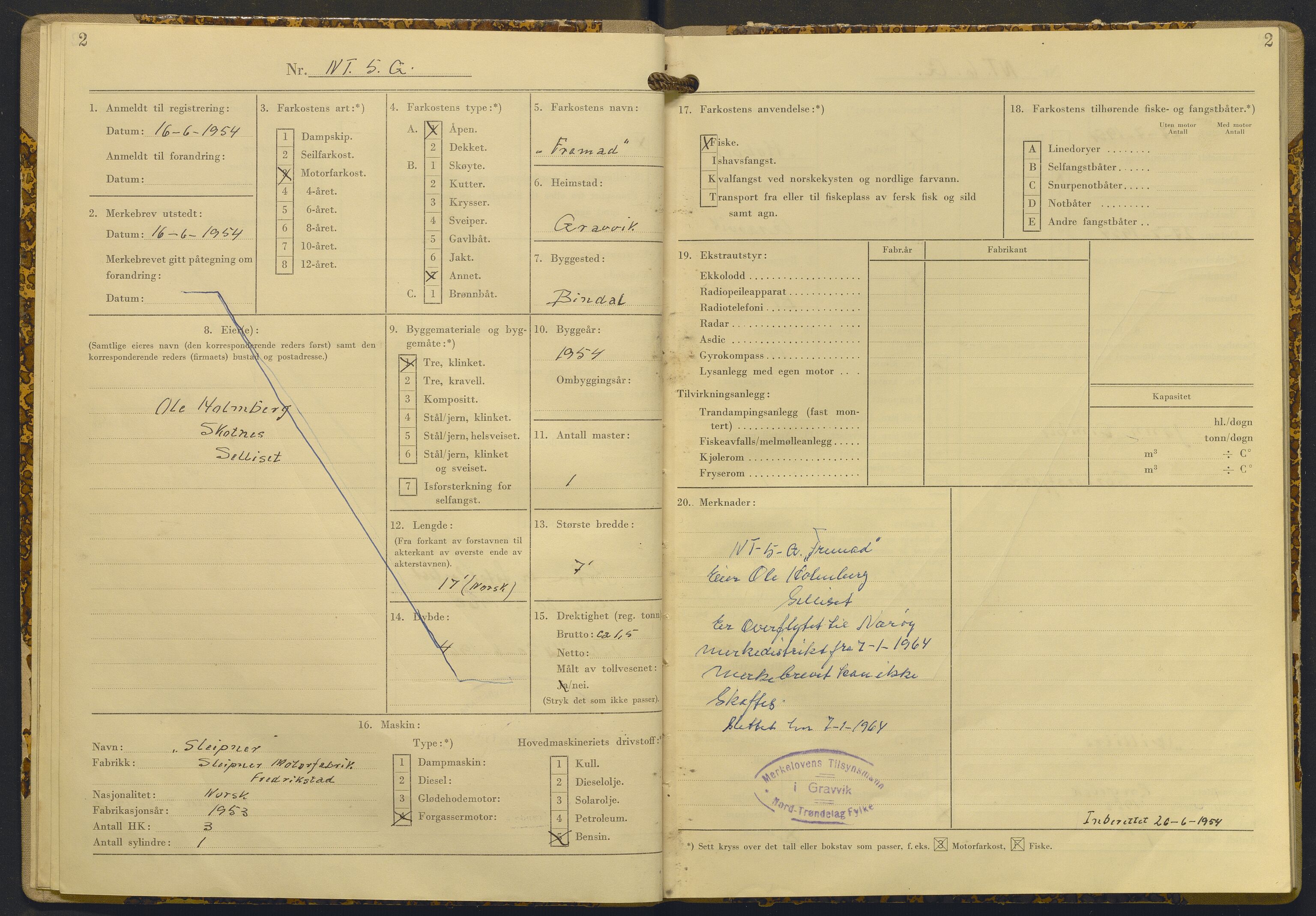 Fiskeridirektoratet - 1 Adm. ledelse - 13 Båtkontoret, AV/SAB-A-2003/I/Ia/Iad/L0014: 135.0408/3 Merkeprotokoll - Gravvik, 1954-1962