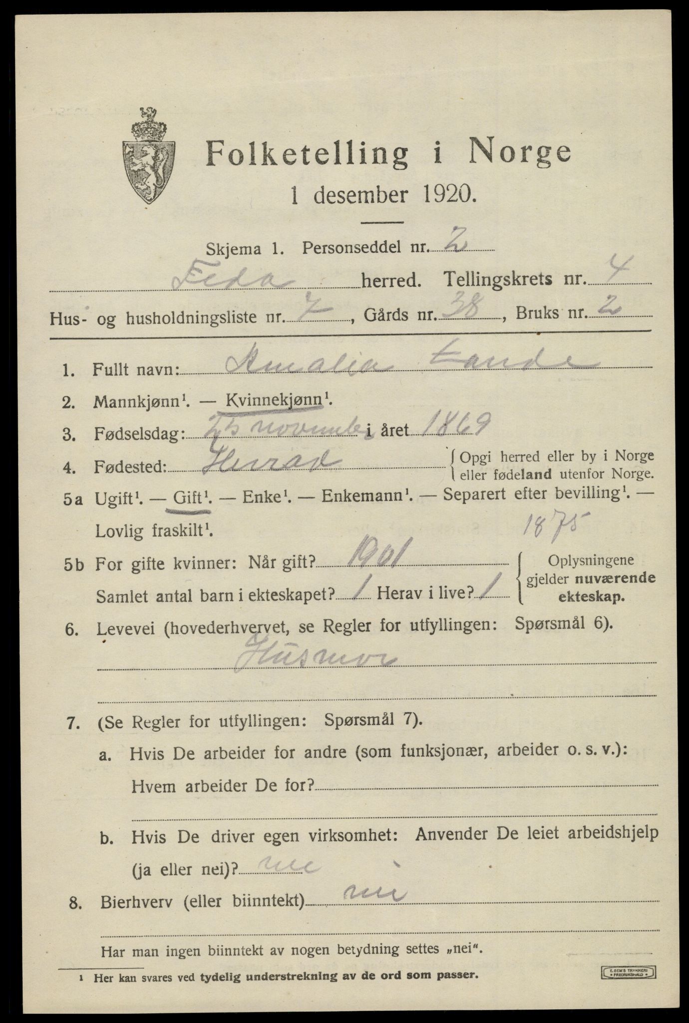 SAK, Folketelling 1920 for 1038 Feda herred, 1920, s. 1883