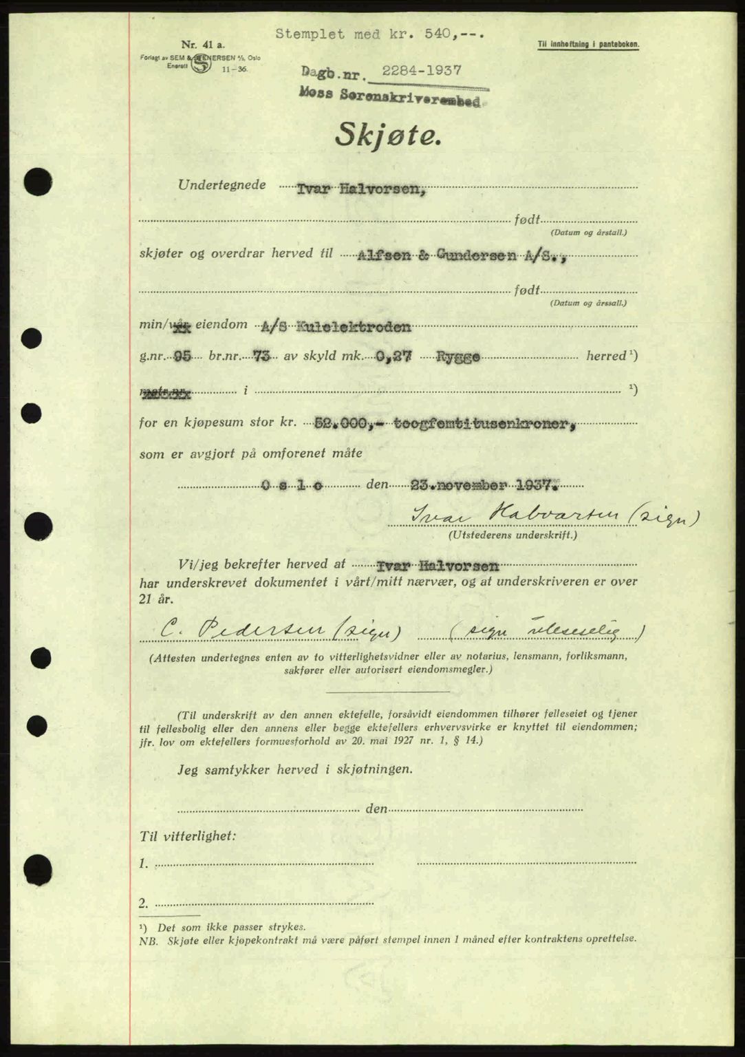 Moss sorenskriveri, SAO/A-10168: Pantebok nr. A3, 1937-1938, Dagboknr: 2284/1937