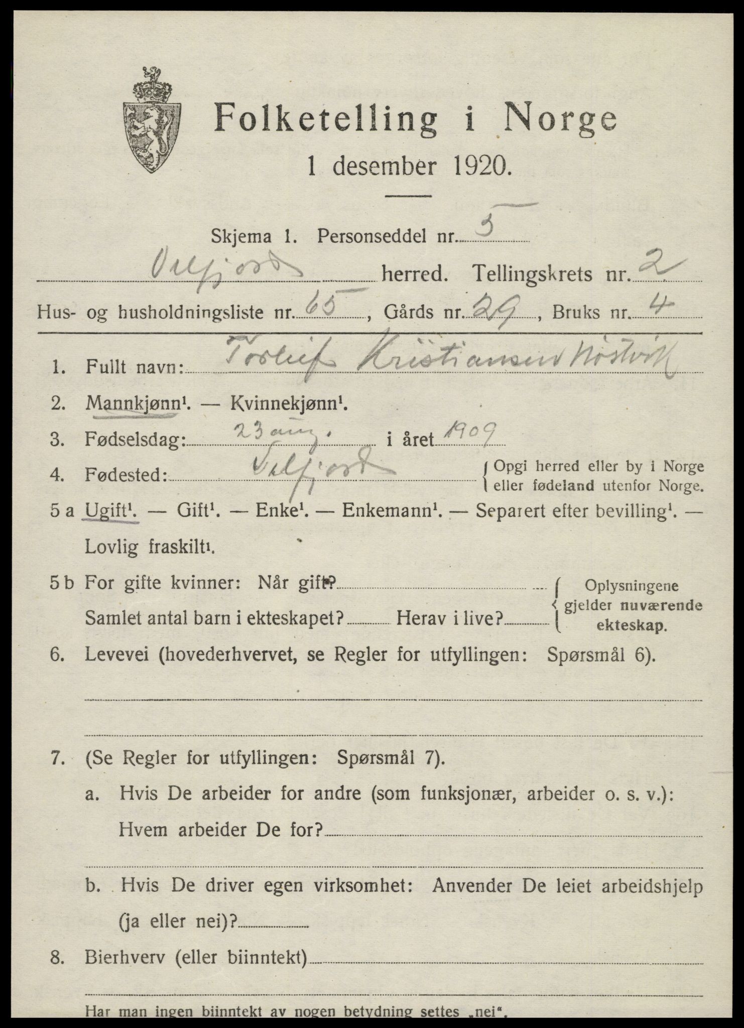 SAT, Folketelling 1920 for 1813 Velfjord herred, 1920, s. 1911