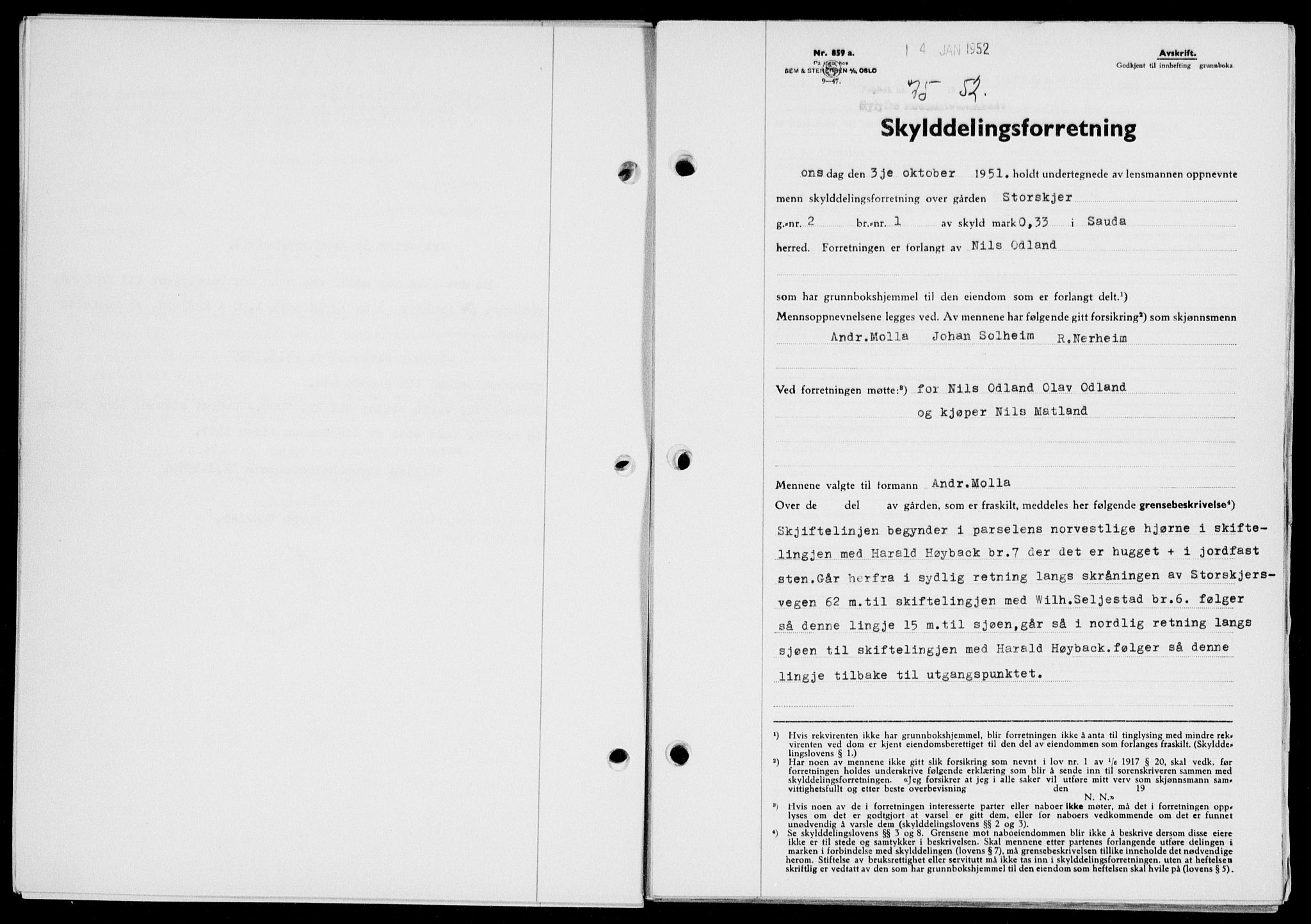 Ryfylke tingrett, SAST/A-100055/001/II/IIB/L0116: Pantebok nr. 95, 1951-1952, Dagboknr: 75/1952