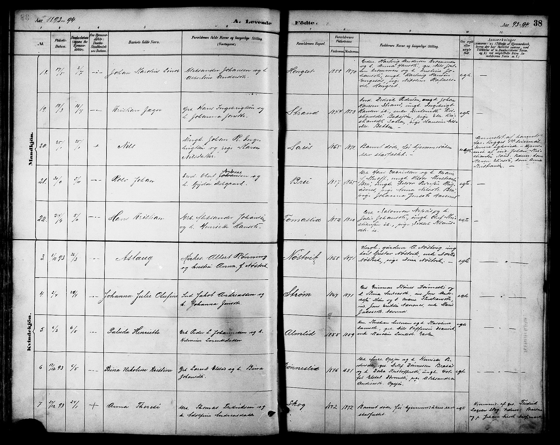 Ministerialprotokoller, klokkerbøker og fødselsregistre - Nordland, AV/SAT-A-1459/814/L0230: Klokkerbok nr. 814C03, 1884-1911, s. 38