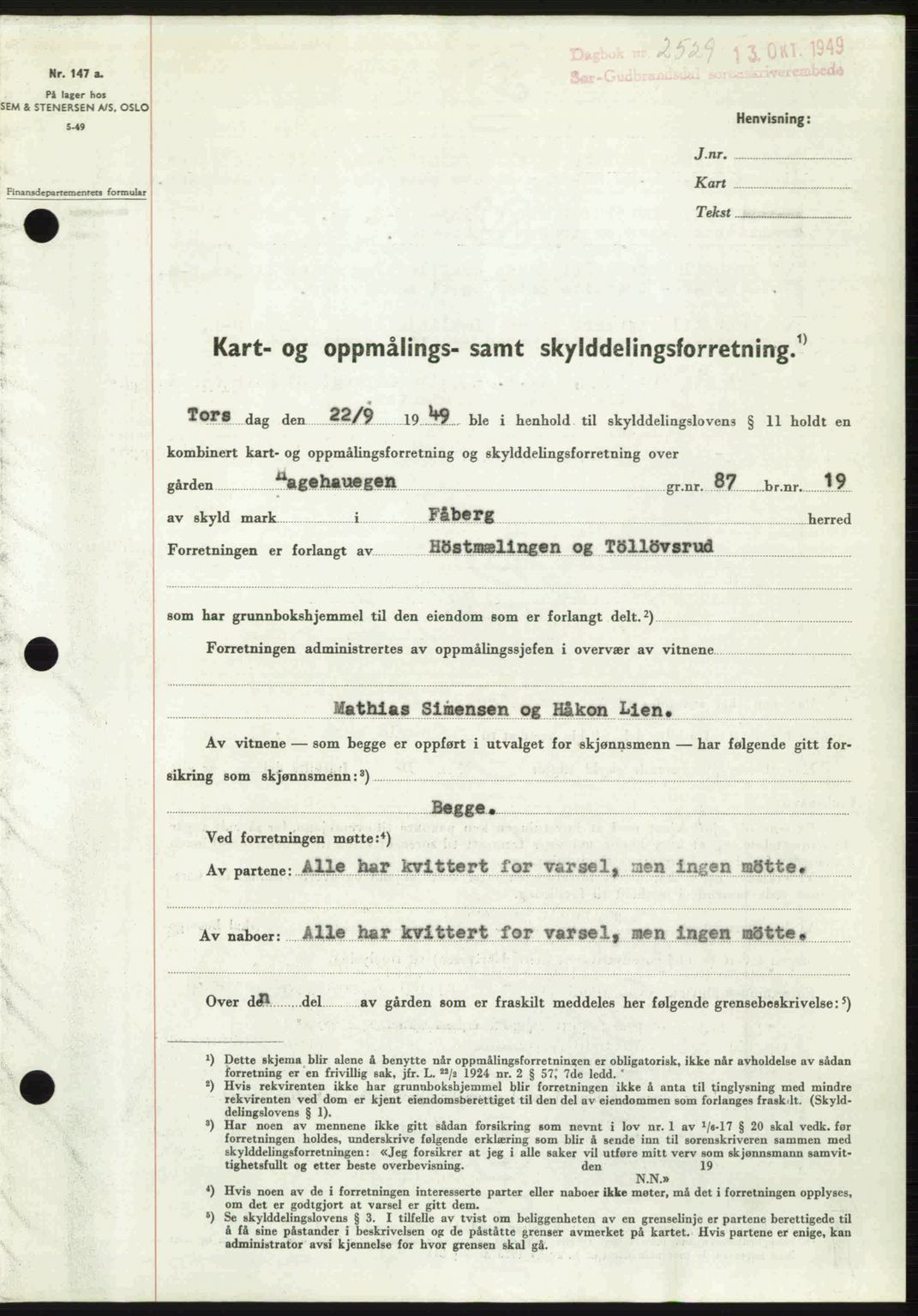 Sør-Gudbrandsdal tingrett, SAH/TING-004/H/Hb/Hbd/L0026: Pantebok nr. A26, 1949-1949, Dagboknr: 2529/1949