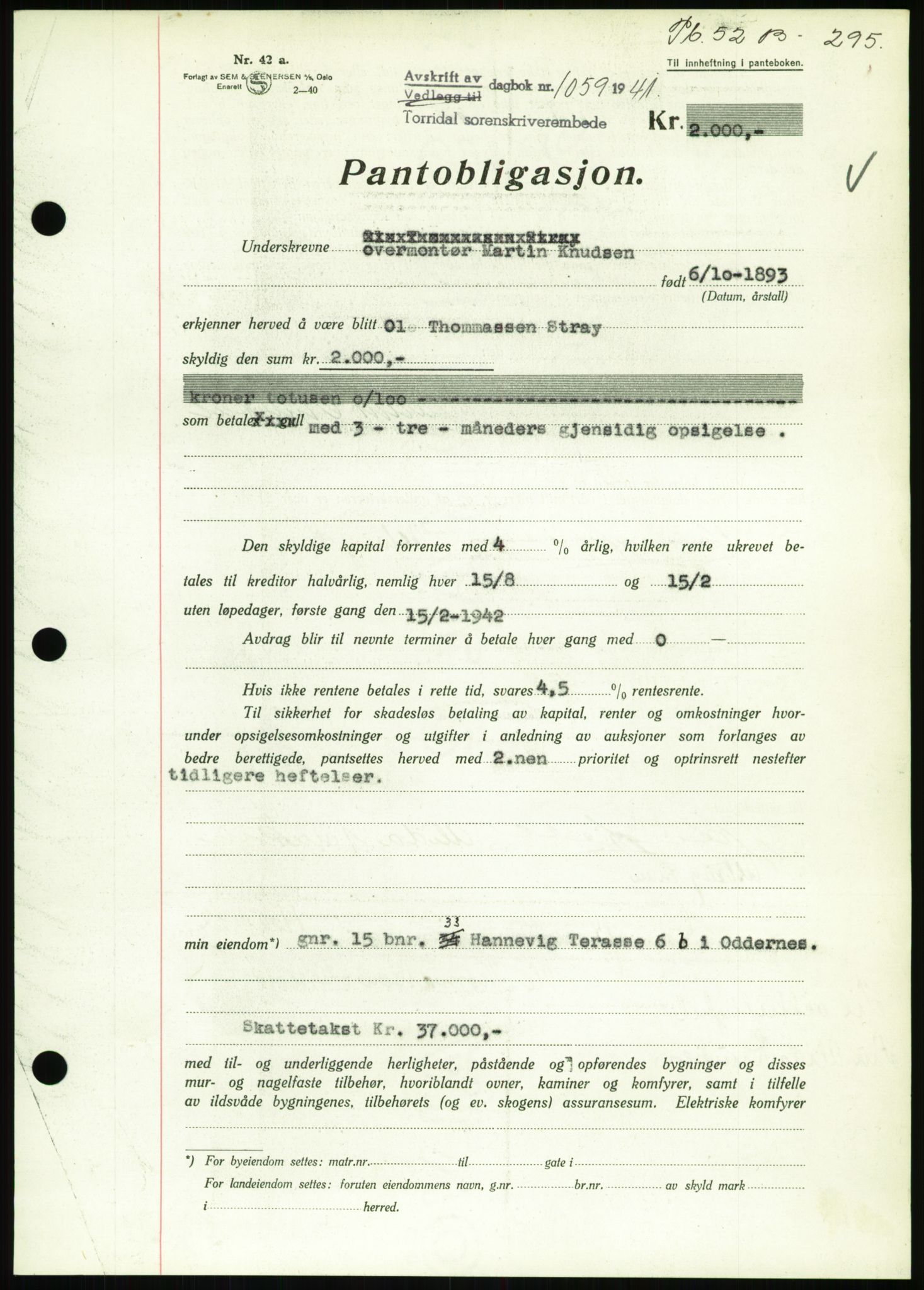 Torridal sorenskriveri, SAK/1221-0012/G/Gb/Gbb/L0008: Pantebok nr. 52b, 1940-1942, Dagboknr: 1059/1941