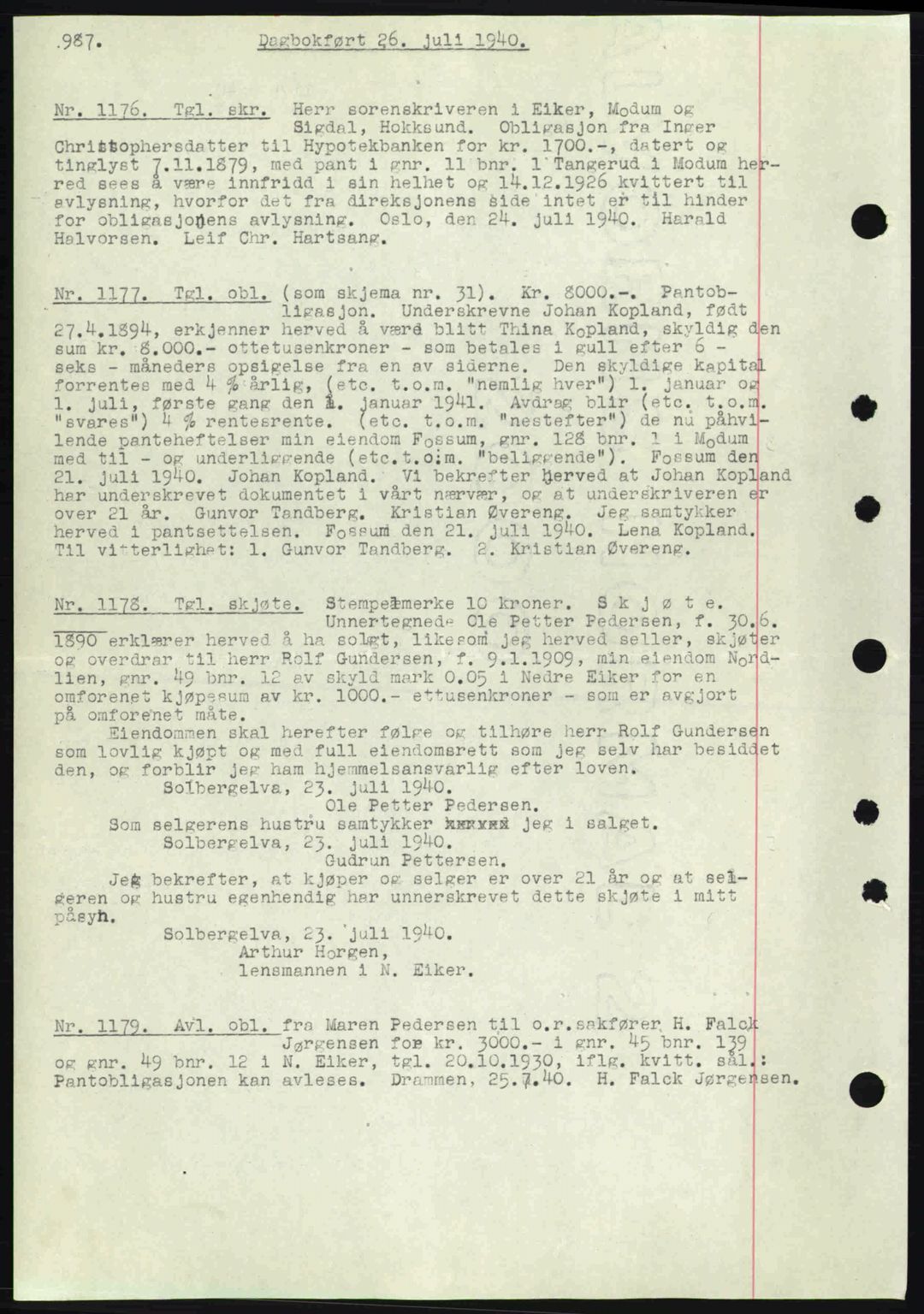 Eiker, Modum og Sigdal sorenskriveri, SAKO/A-123/G/Ga/Gab/L0041: Pantebok nr. A11, 1939-1940, Dagboknr: 1176/1940