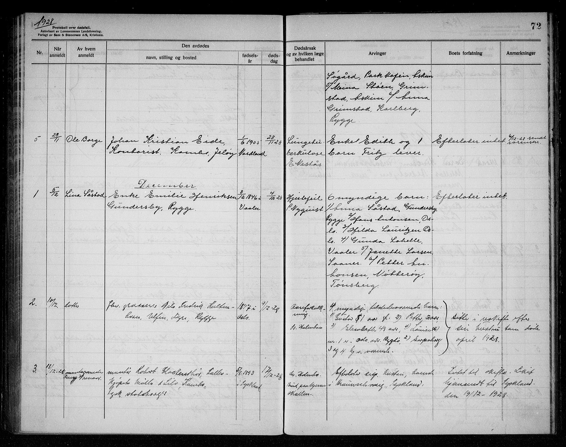 Rygge lensmannskontor, SAO/A-10005/H/Ha/Haa/L0008: Dødsfallsprotokoll, 1925-1929, s. 72