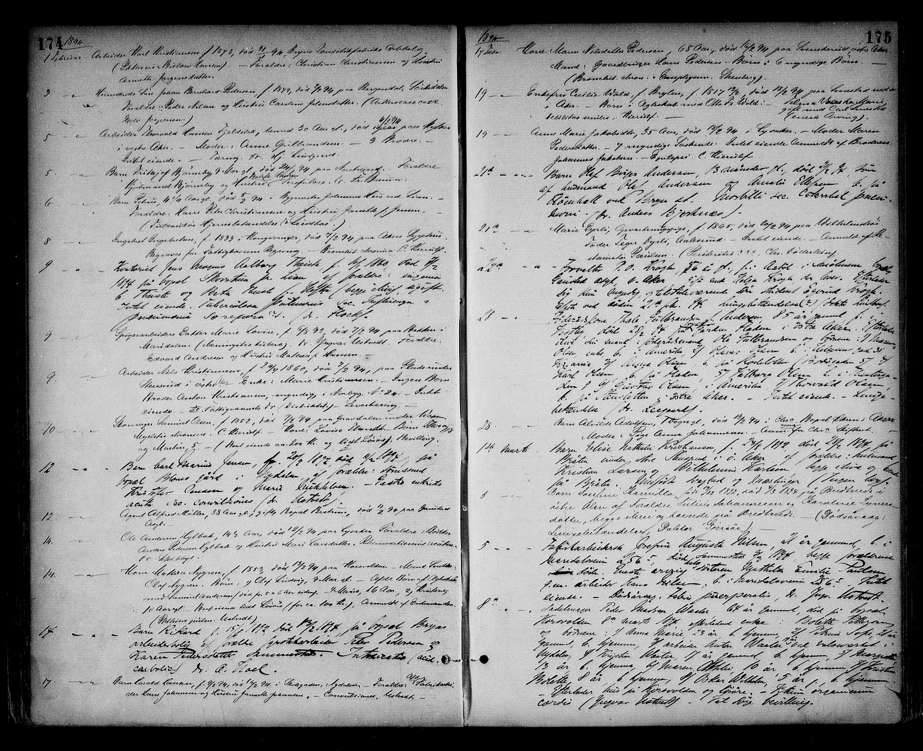 Aker sorenskriveri, SAO/A-10895/H/Ha/Haa/L0007: Dødsanmeldelsesprotokoll, 1886-1901, s. 174-175