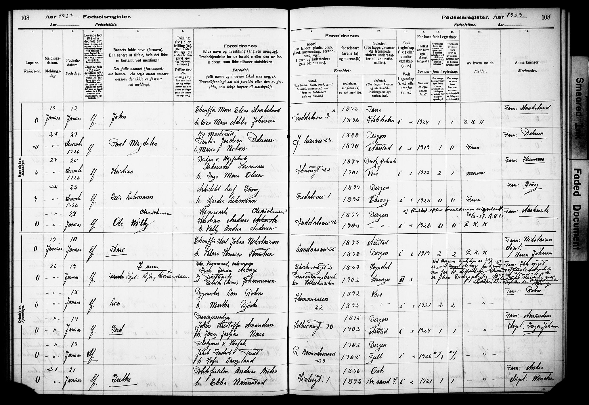 Årstad Sokneprestembete, SAB/A-79301/I/Id/L0A03: Fødselsregister nr. A 3, 1924-1929, s. 108