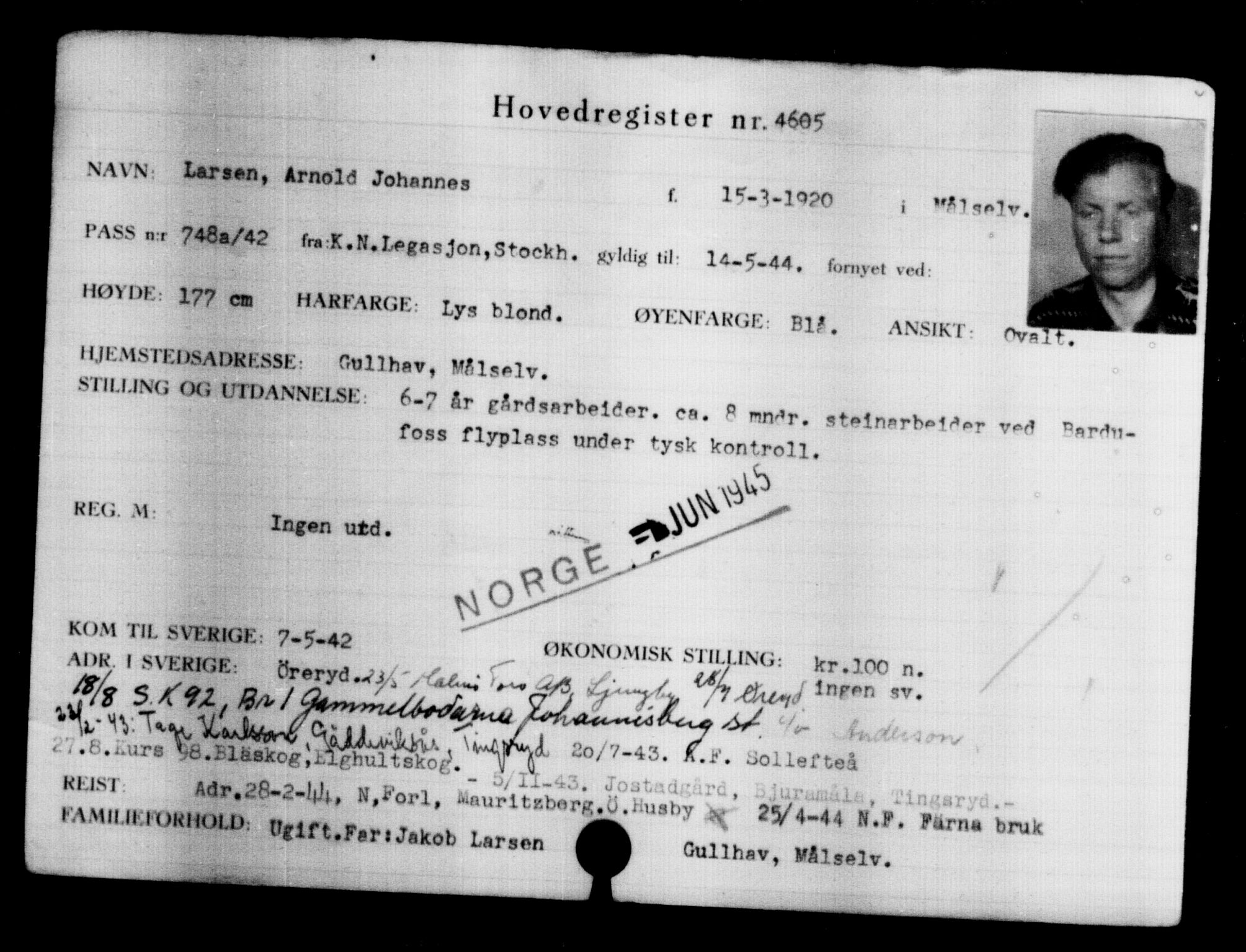 Den Kgl. Norske Legasjons Flyktningskontor, AV/RA-S-6753/V/Va/L0004: Kjesäterkartoteket.  Flyktningenr. 3496-6610, 1940-1945, s. 1316