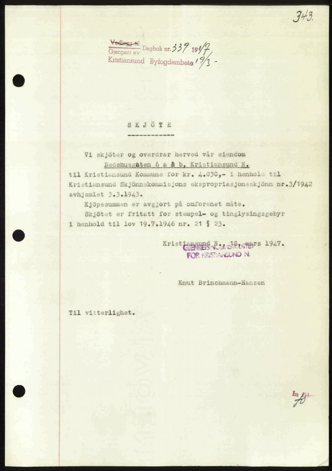 Kristiansund byfogd, AV/SAT-A-4587/A/27: Pantebok nr. 39b, 1946-1947, Dagboknr: 339/1947