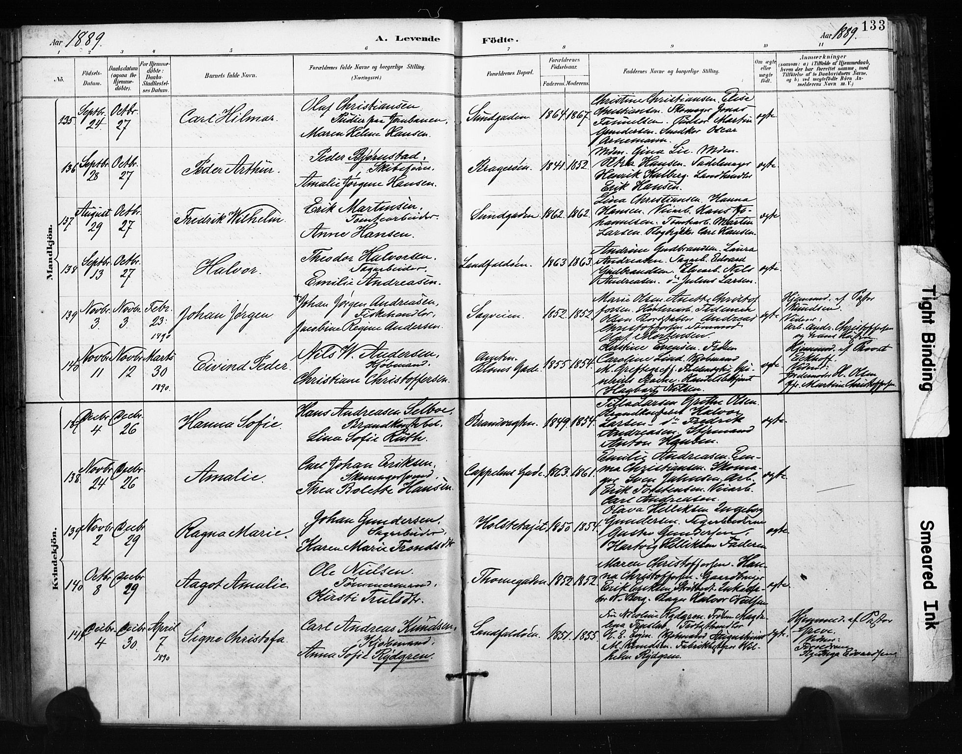 Bragernes kirkebøker, AV/SAKO-A-6/F/Fb/L0007: Ministerialbok nr. II 7, 1885-1893, s. 133