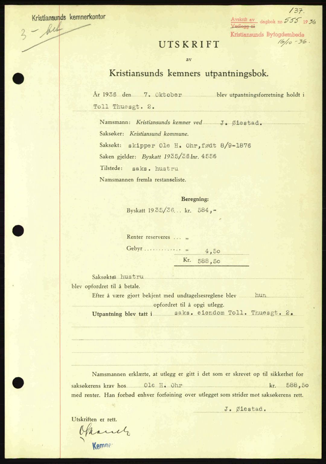 Kristiansund byfogd, SAT/A-4587/A/27: Pantebok nr. 29, 1936-1937, Dagboknr: 555/1936