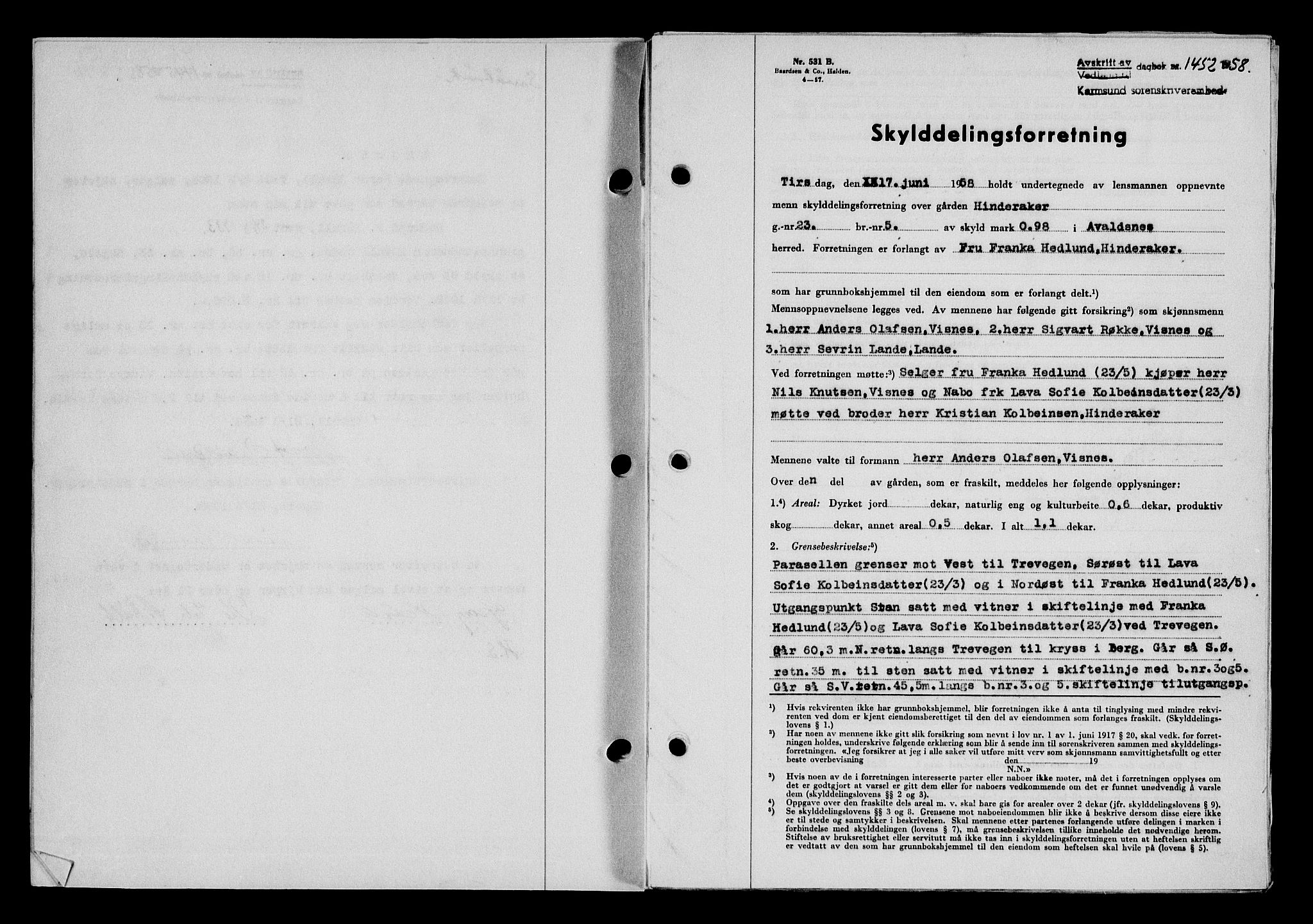 Karmsund sorenskriveri, SAST/A-100311/01/II/IIB/L0128: Pantebok nr. 108A, 1958-1958, Dagboknr: 1452/1958