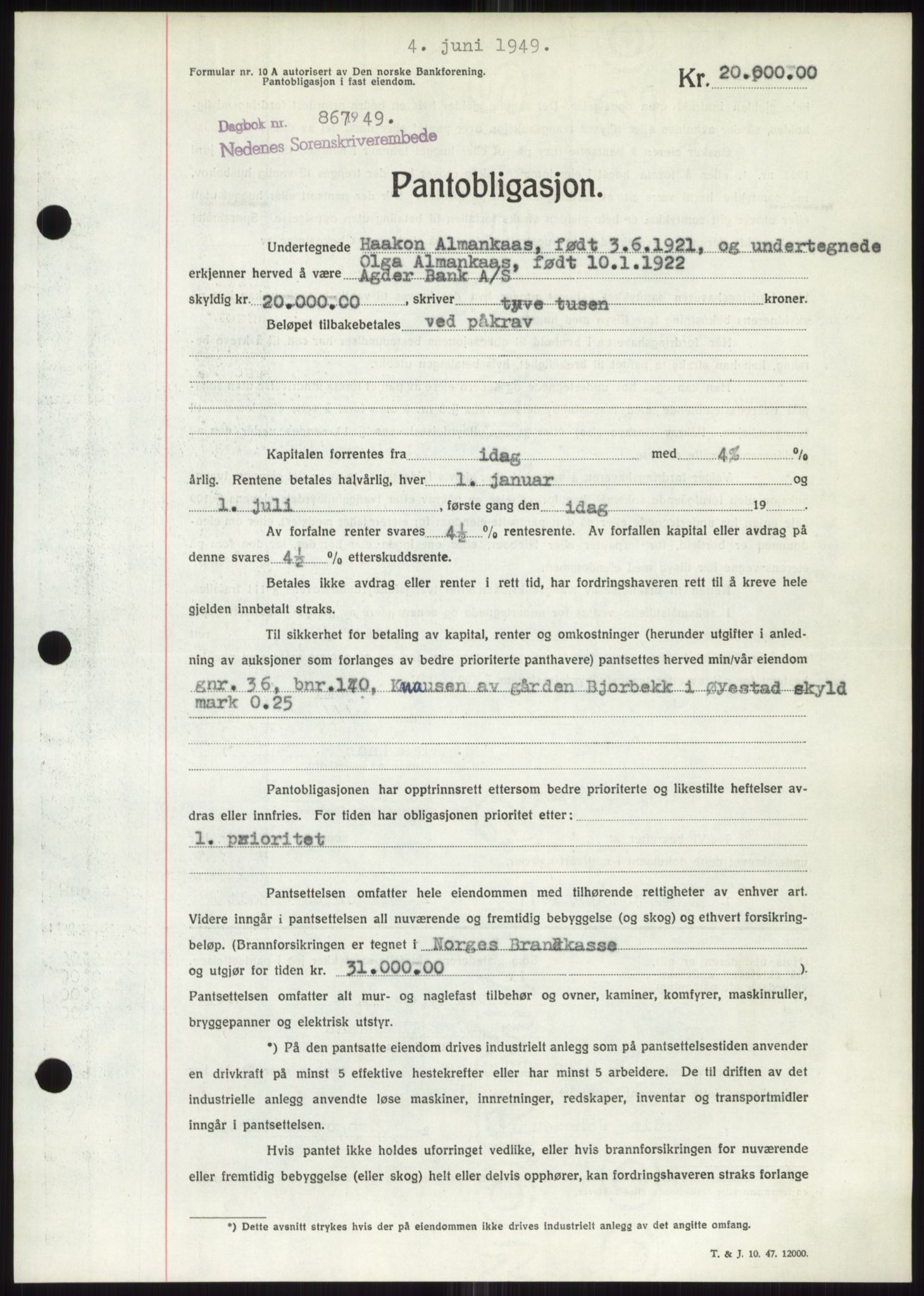 Nedenes sorenskriveri, AV/SAK-1221-0006/G/Gb/Gbb/L0006: Pantebok nr. B6, 1948-1949, Dagboknr: 867/1949