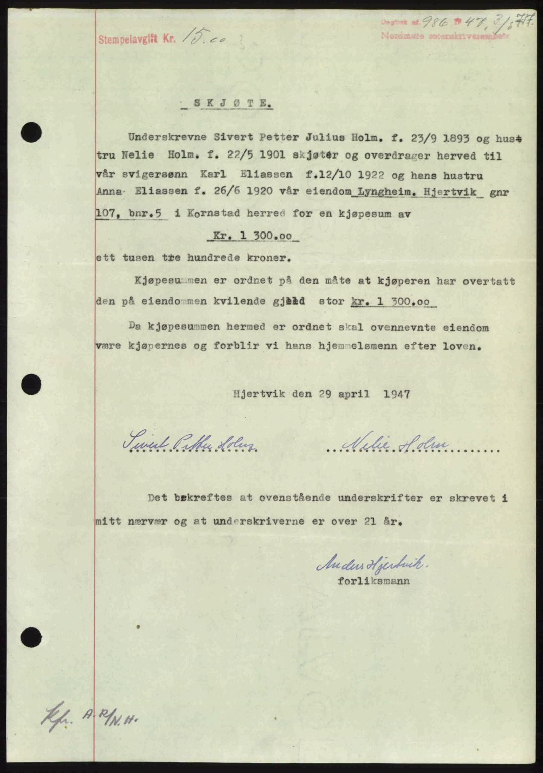 Nordmøre sorenskriveri, SAT/A-4132/1/2/2Ca: Pantebok nr. A104, 1947-1947, Dagboknr: 986/1947