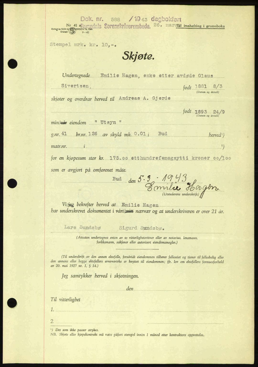 Romsdal sorenskriveri, AV/SAT-A-4149/1/2/2C: Pantebok nr. A14, 1943-1943, Dagboknr: 588/1943