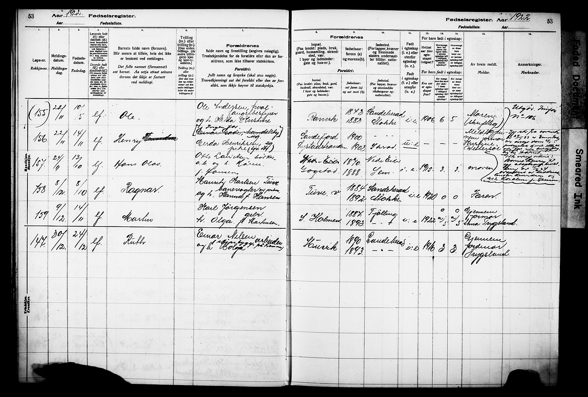 Sandar kirkebøker, AV/SAKO-A-243/J/Ja/L0002: Fødselsregister nr. 2, 1922-1929, s. 53