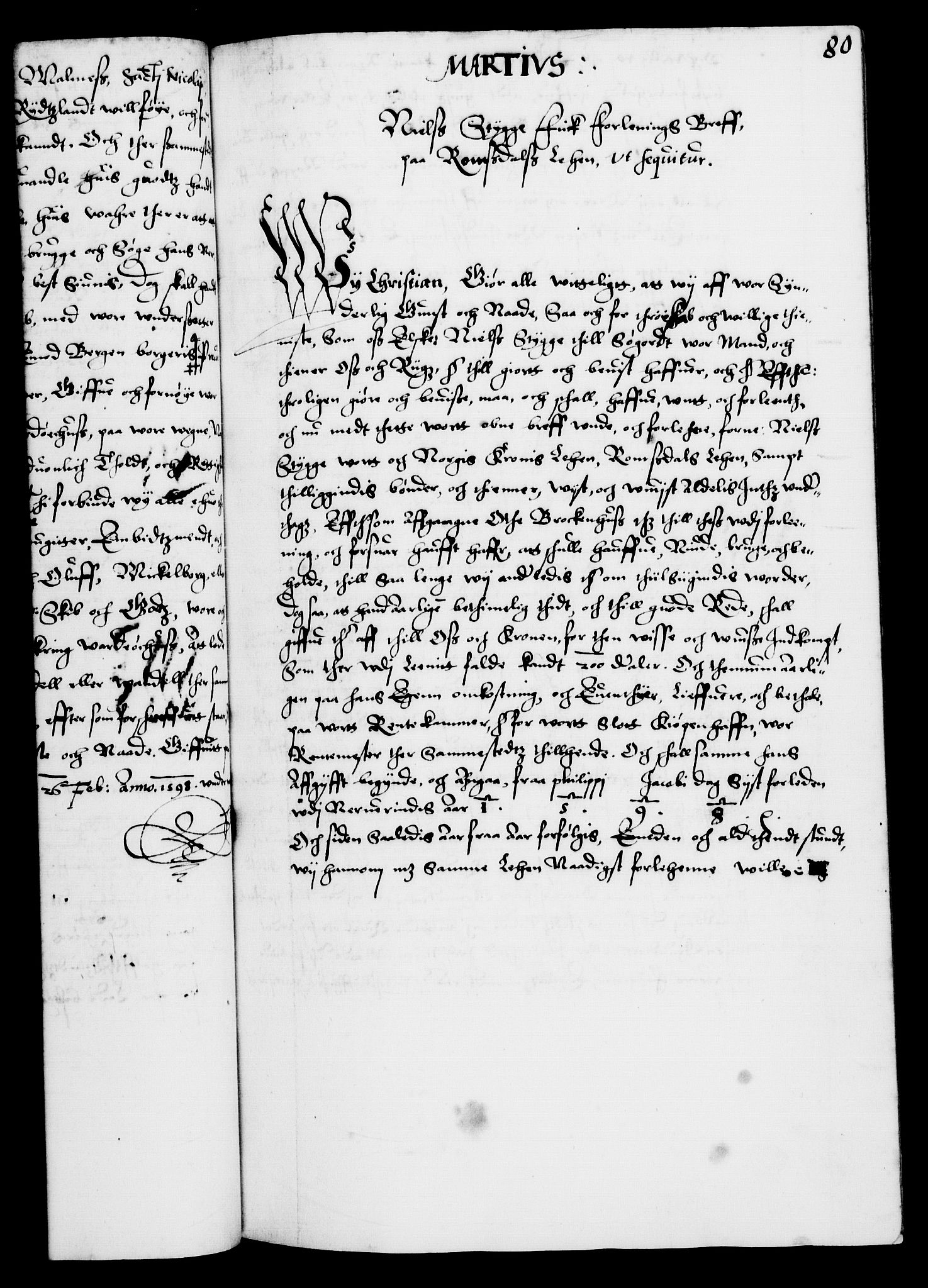 Danske Kanselli 1572-1799, RA/EA-3023/F/Fc/Fca/Fcaa/L0003: Norske registre (mikrofilm), 1596-1616, s. 80a