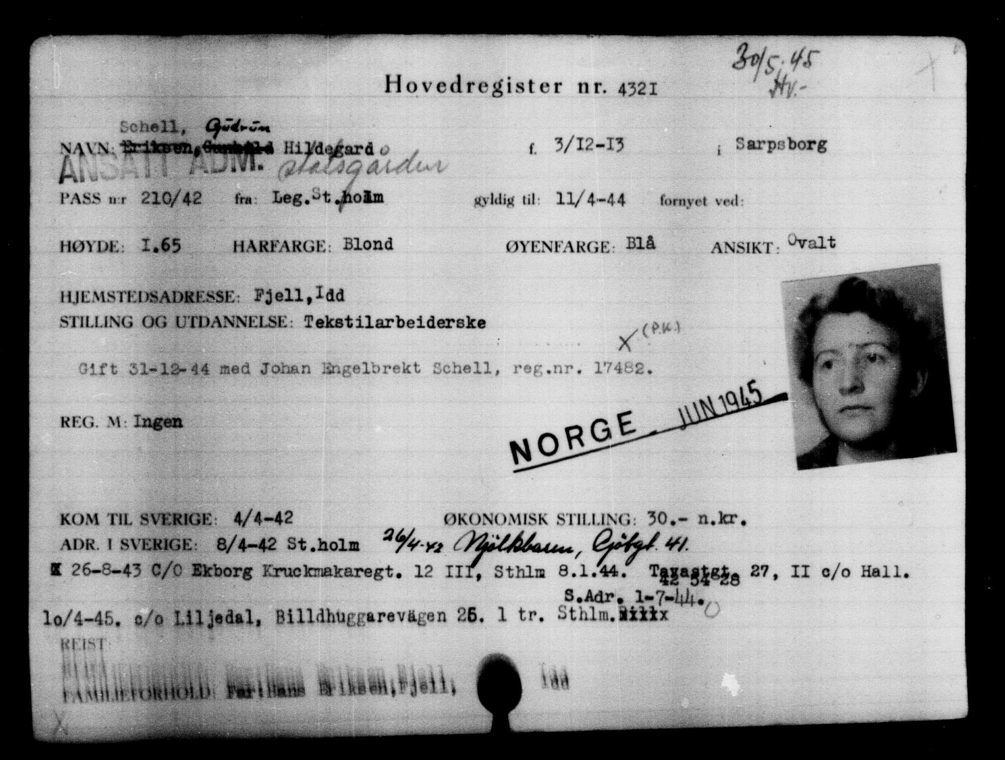 Den Kgl. Norske Legasjons Flyktningskontor, AV/RA-S-6753/V/Va/L0004: Kjesäterkartoteket.  Flyktningenr. 3496-6610, 1940-1945, s. 1002