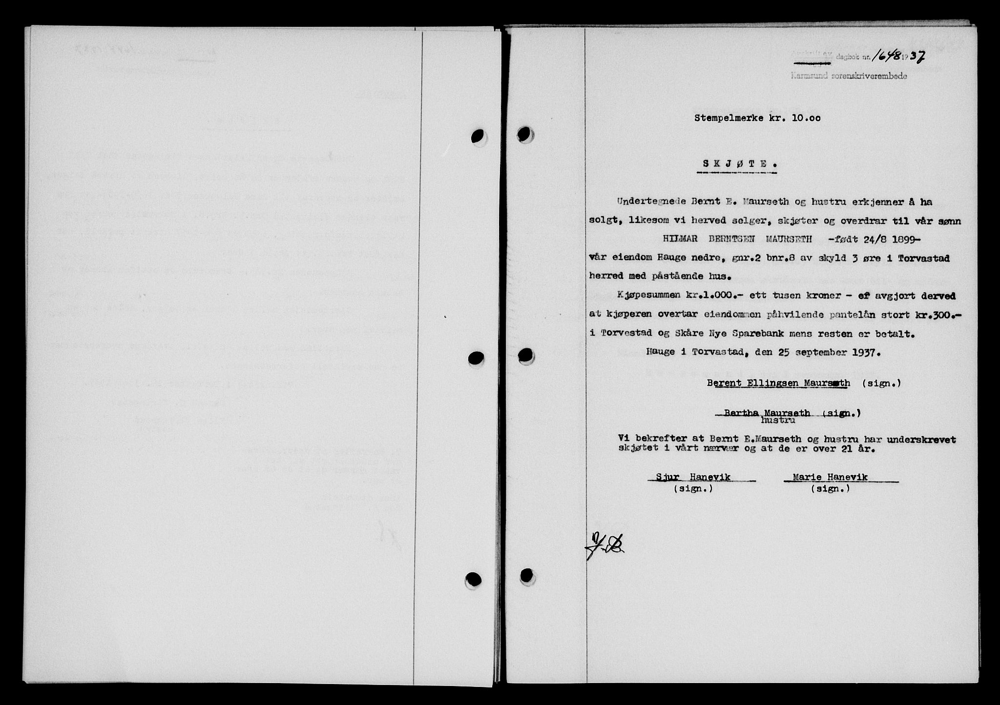 Karmsund sorenskriveri, SAST/A-100311/01/II/IIB/L0068: Pantebok nr. 49A, 1937-1937, Dagboknr: 1648/1937